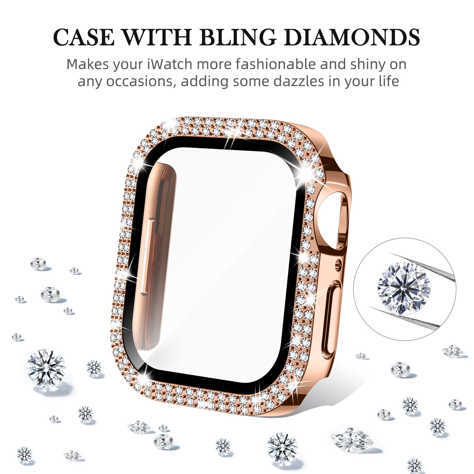 Adepoy For Apple Watch Case Series 7/8 45Mm With Tempered Glass Screen Protector, Double Bling Case Crystal Diamonds Rhinestone