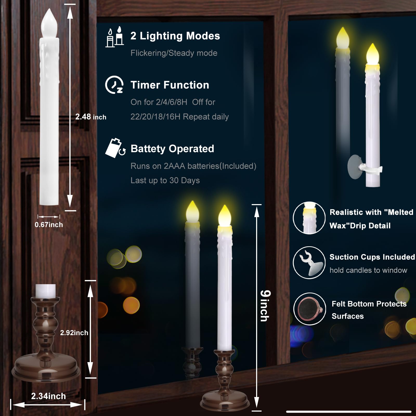 12 Pack Flameless Led Window Candles With Drip Texture, Removable Candle Holders, 24 Aaa Batteries, Daily Timer, On/Off Remote,