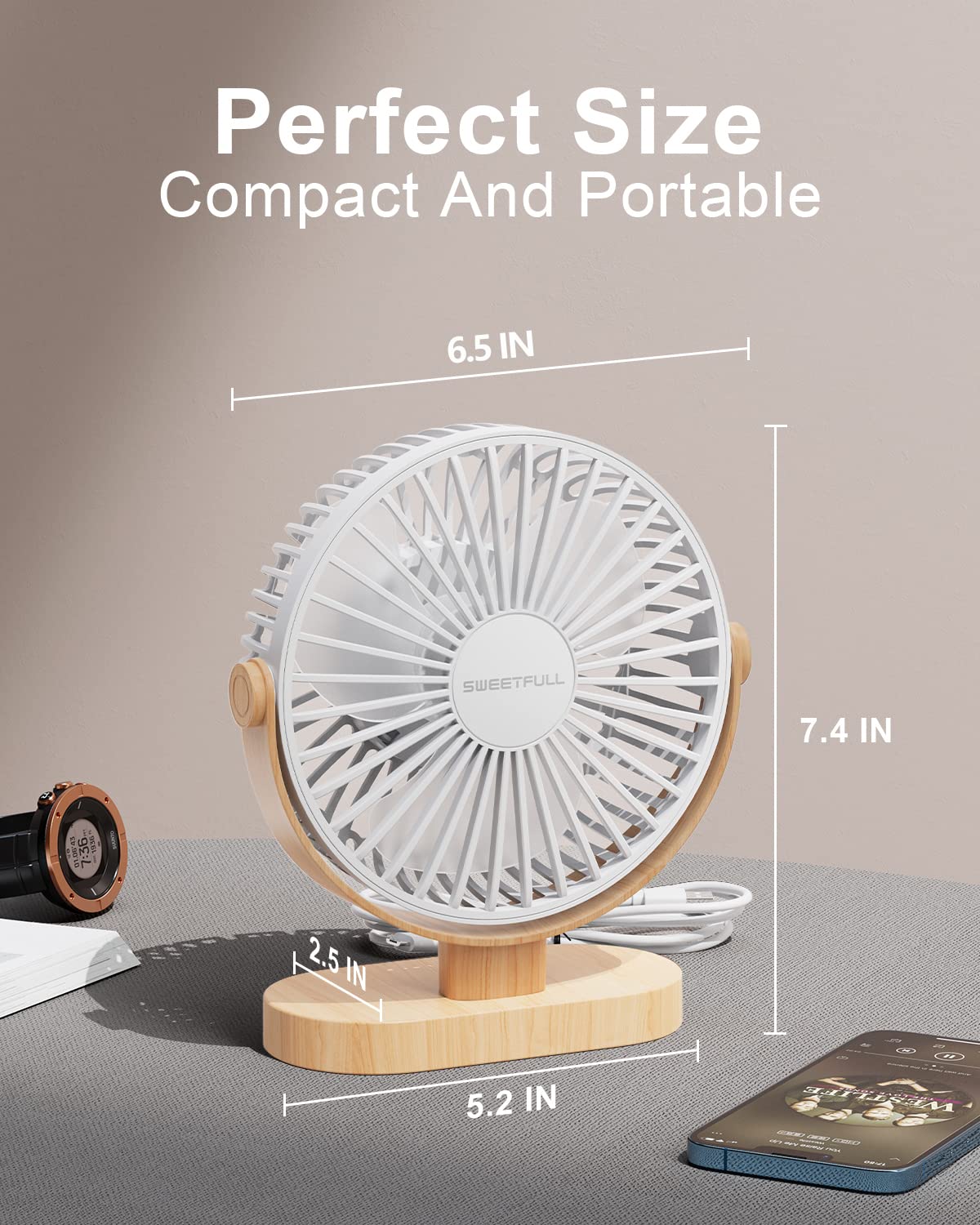 Sweetfull Small Usb Desk Fan 6.5 Inch, 3 Speeds Portable Personal Desktop Table Fan, Dual 360 Adjustment Mini Fan, Quiet Operati