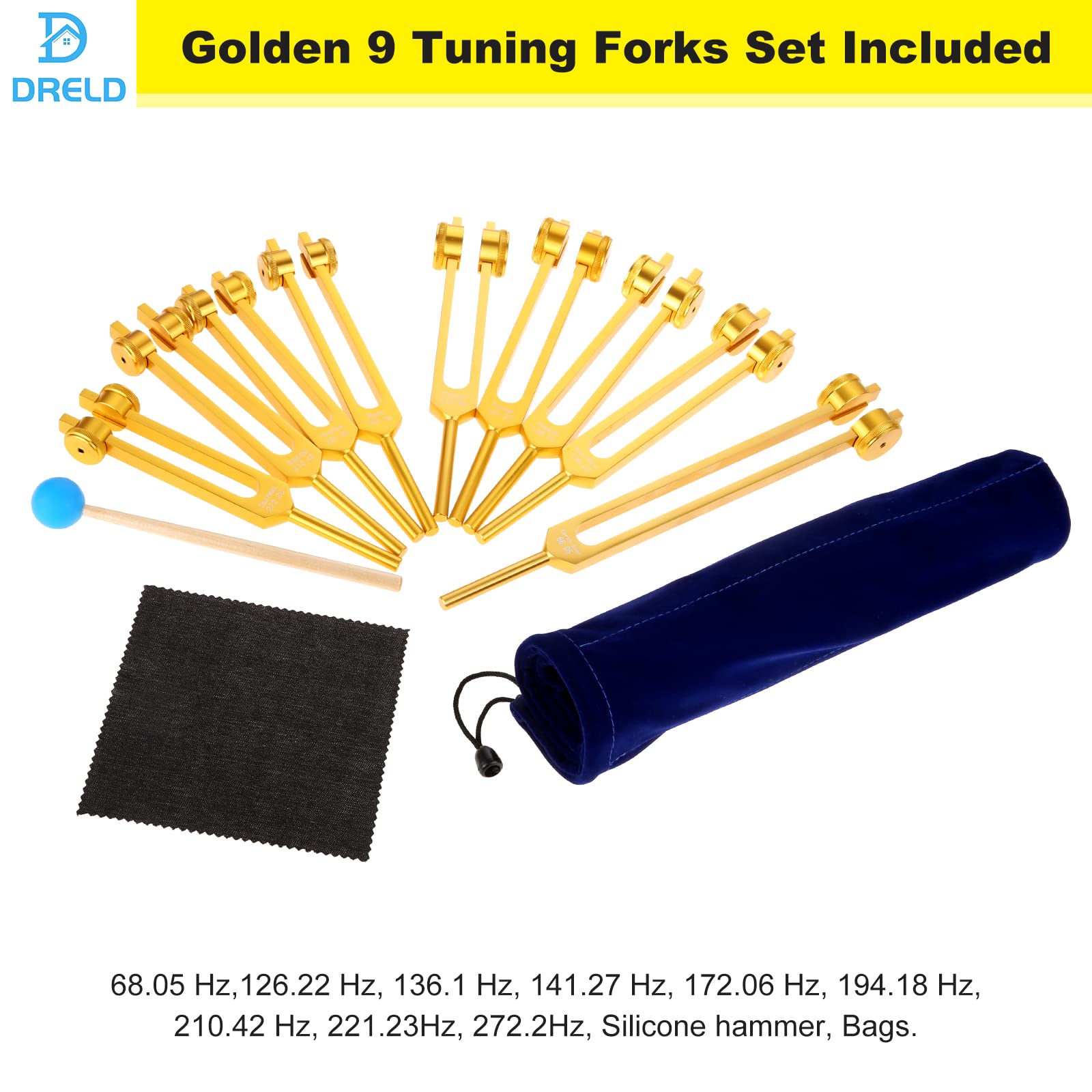 Weighted Chakra Tuning Fork Of 9 Gold, 8 Chakra + 1 Soul Purpose Tuning Forks With Hammer And Bag