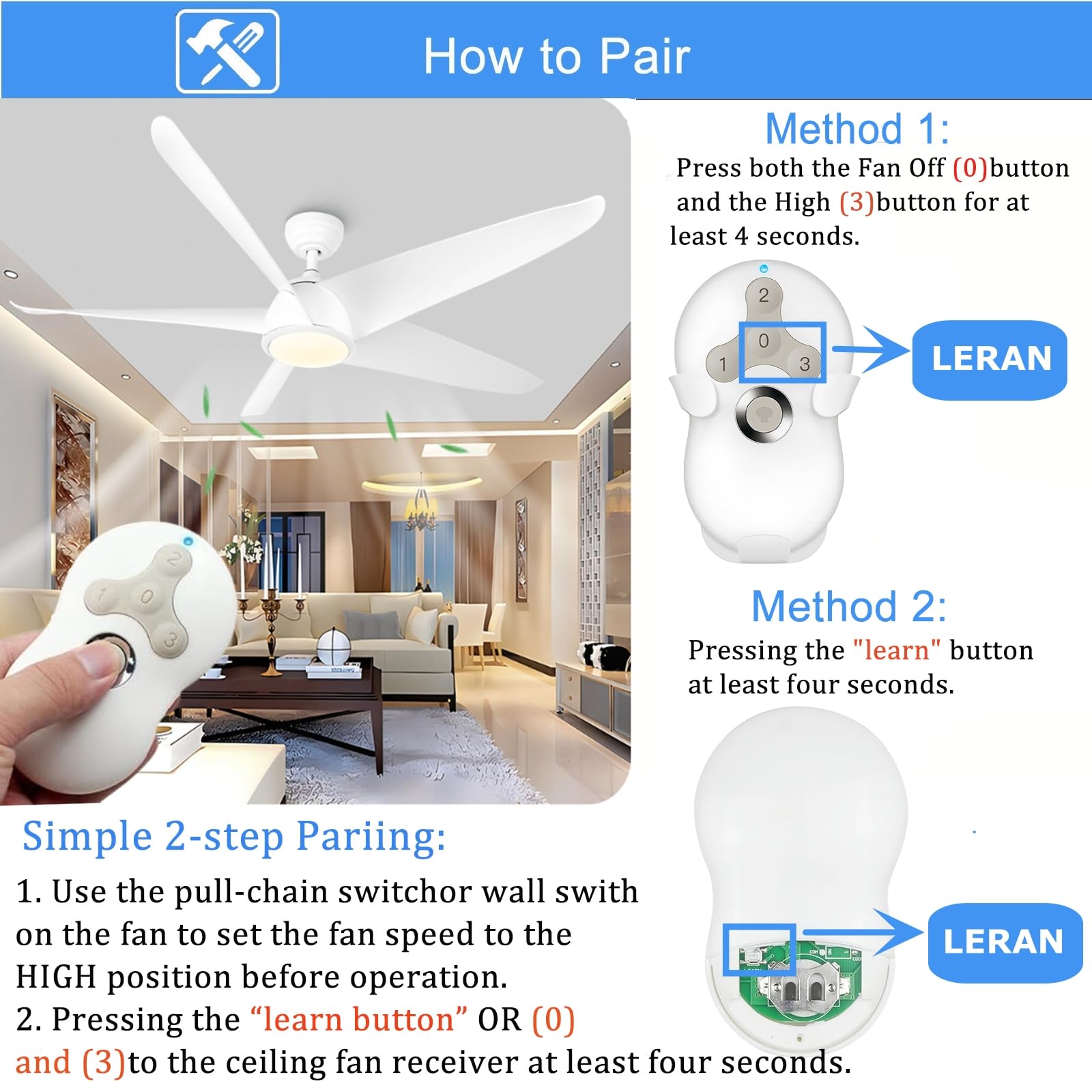 Replacement Remote For Hunter Ceiling Fan Remote Control 99122/99123, 3-Speed And Light Dimmer With Wall Mount,434Mhz (Remote On