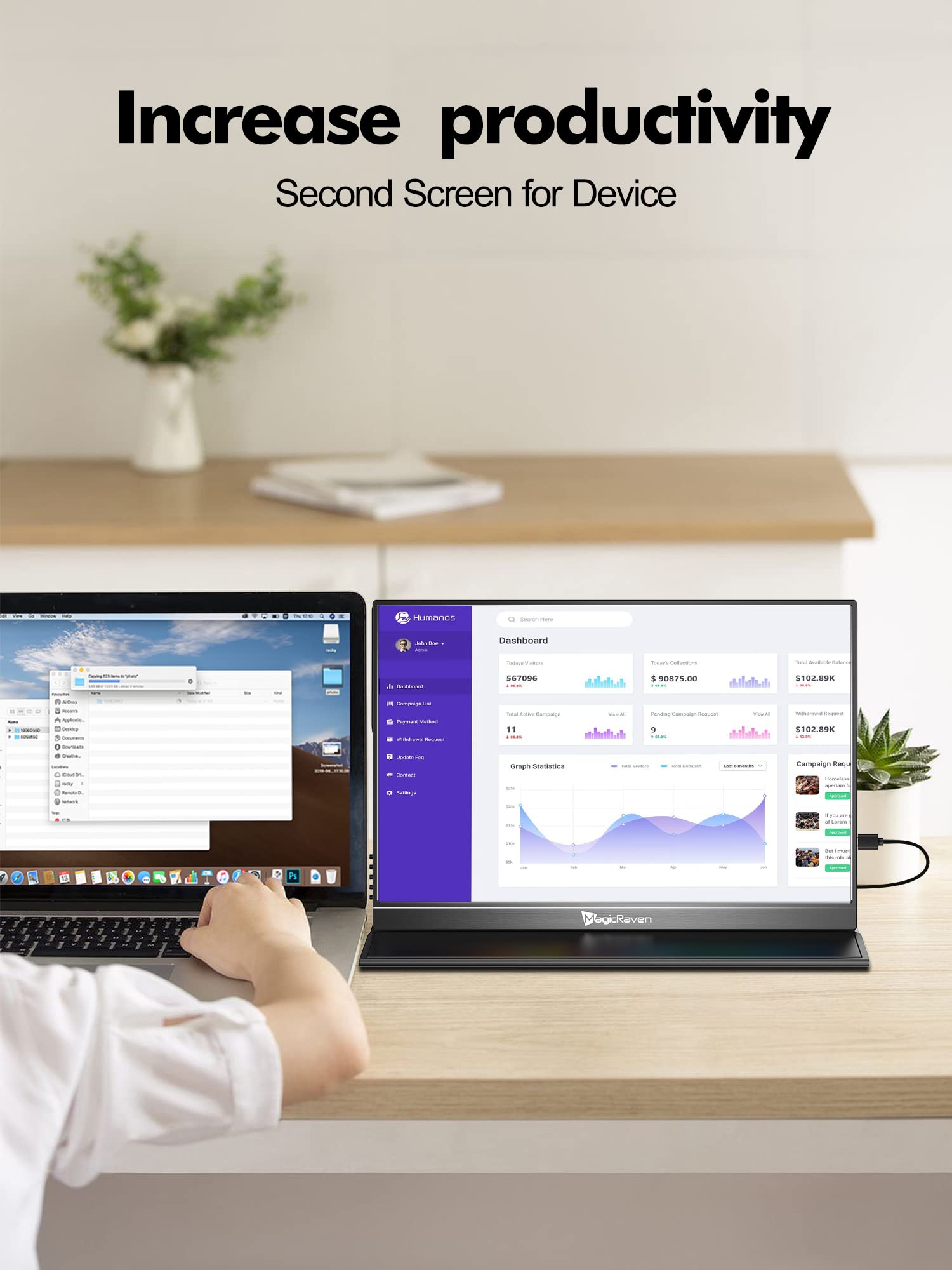 Magicraven 4K Portable Monitor, 16'' 3840X2400 Ips Laptop Monitor, 1500:1, 400 Nits Screen Usb C Hdmi Computer Gaming Display Wi