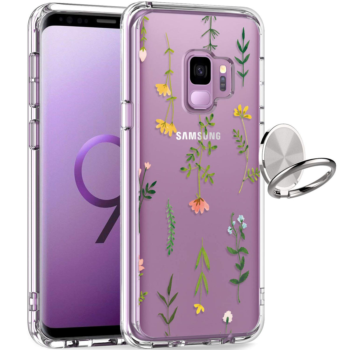 Giika Galaxy S9 Case, Clear Heavy Duty Shockproof Girls Women Protective Phone Cover Case For Samsung Galaxy S9, Grass Flowers