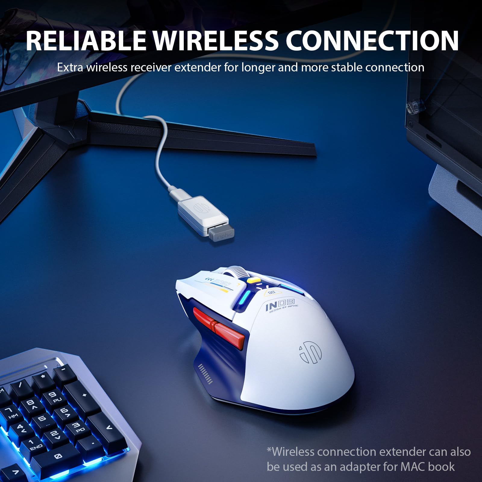 Inphic In9 Wireless Gaming Mouse, True Tri Mode Bluetooth/Type Cwired/2.4G Wireless Mouse, 10000 Dpl, Fully Programmable, Rgb Ba