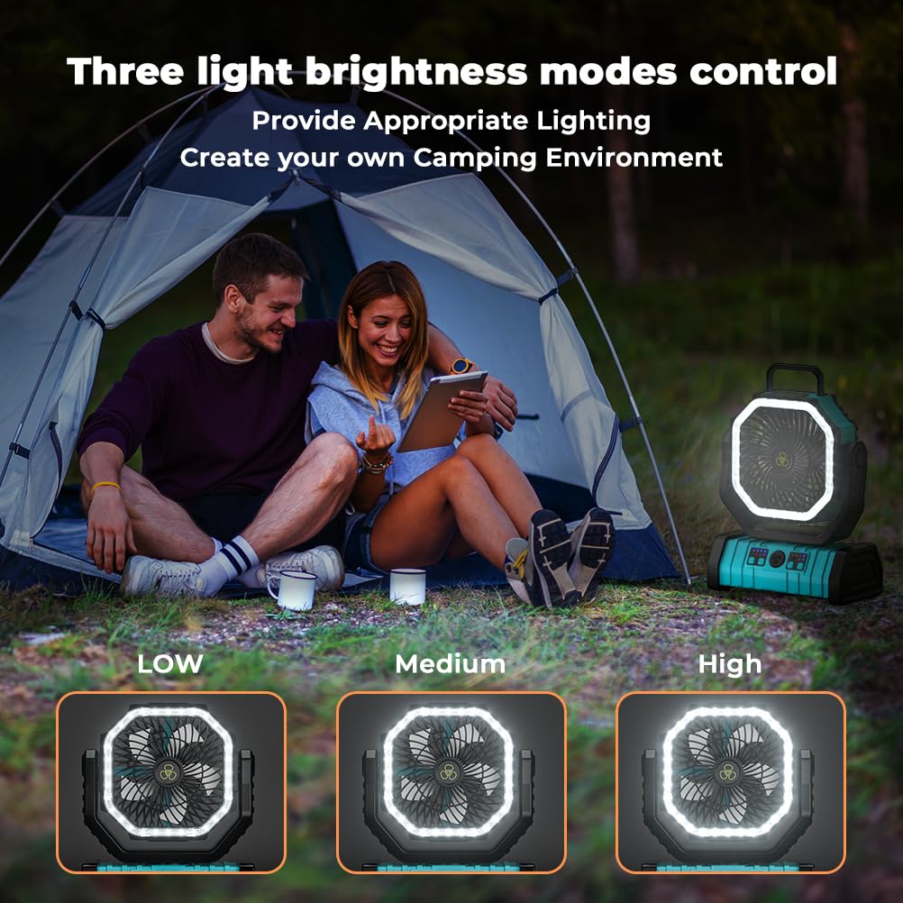 Vosfeel Camping Fan - 20000Mah Battery Powered Fan Rechargeable With Led Lantern - Portable Outdoor Tent Fans With Hanging Hook