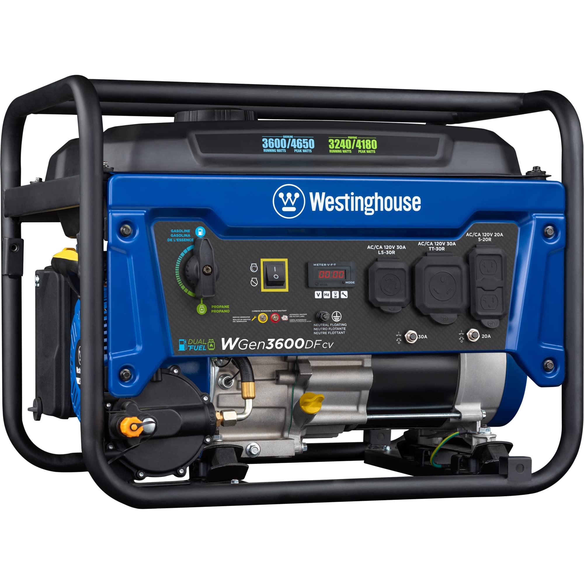 Westinghouse Outdoor Power Equipment 4650 Peak Watt Dual Fuel Portable Generator, Rv Ready 30A Outlet, Gas & Propane Powered, Co