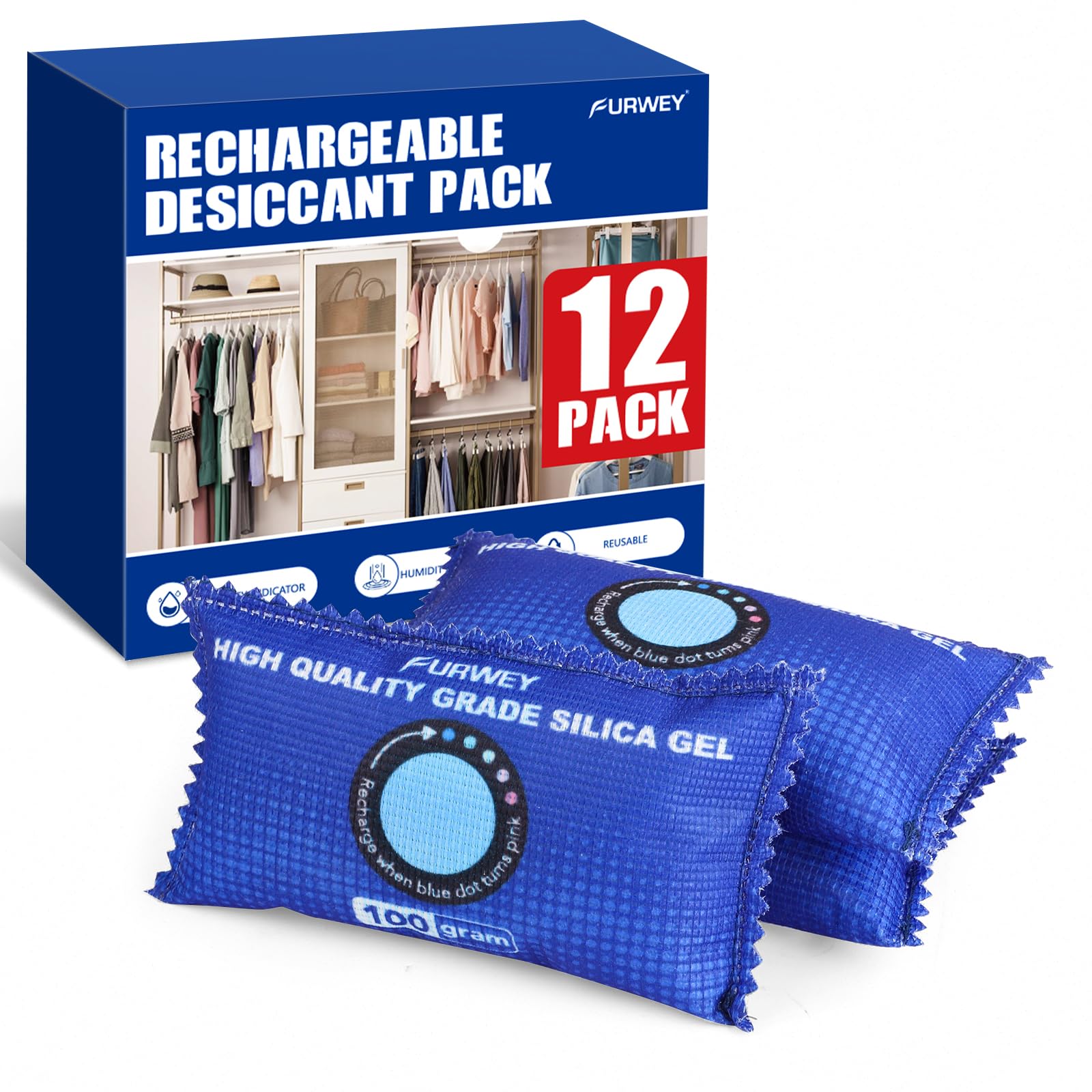 FURWEY 12 Pack Rechargeable Desiccant Packs, 100g Each, Blue, Color Indicating Silica Gel Dehumidifier Bags for Storage, Closets