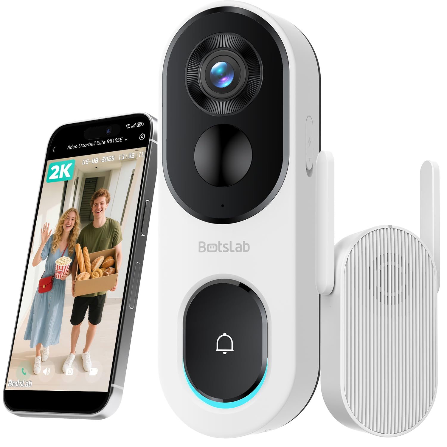 BOTSLAB 2K Doorbell Camera Wireless, 180 Head-to-Toe View, No Monthly Fee, Video Doorbell with 2-Way Audio, Human Detection, 520