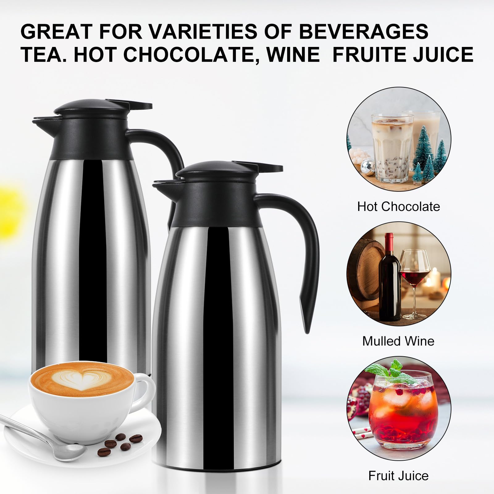 68Oz Thermal Coffee Carafe, Insulated Stainless Steel Coffee Carafes For Keeping Hot Coffee & Water Hot Beverage 12Hours, Double