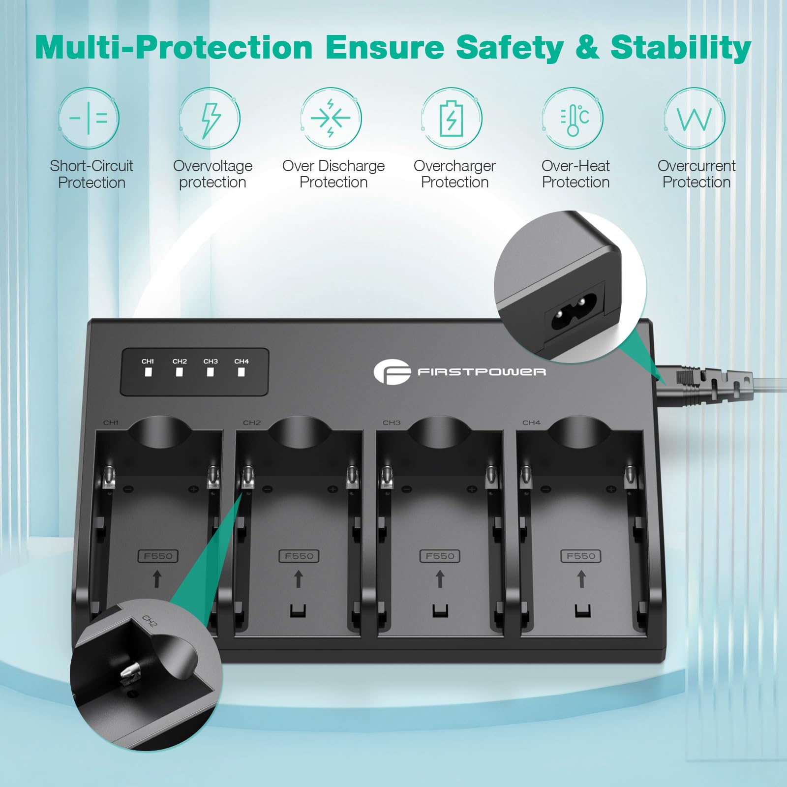 Firstpower 4 Channel Fast Charger For Sony Np F970, Np F960, Np F950, Np F930, Np F770, Np F750, Np F570, Np F550, Np F530 Camer