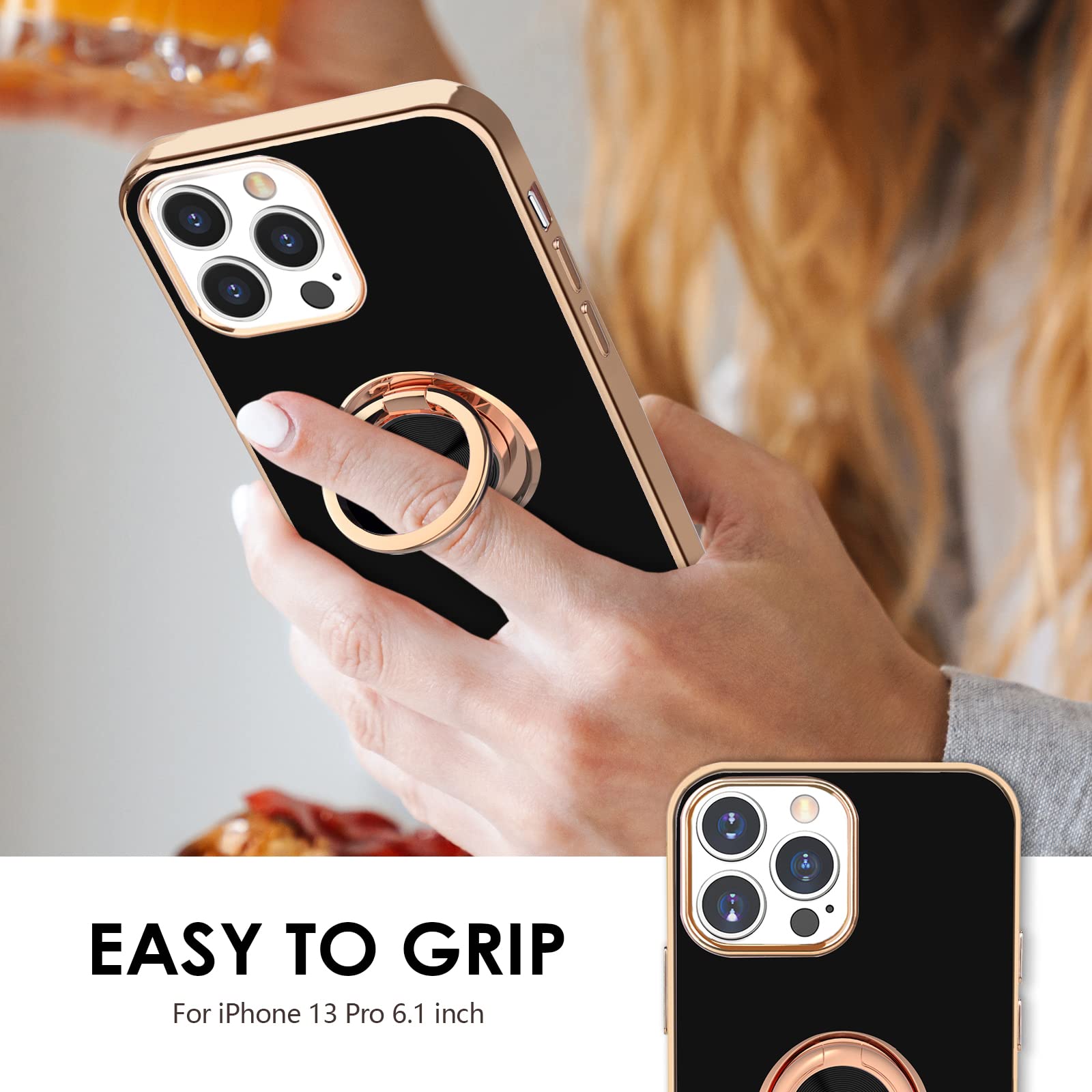 Hython For Iphone 13 Pro Case With Ring Stand [360 Rotatable Ring Holder Magnetic Kickstand] [Support Car Mount] Plating Rose Go