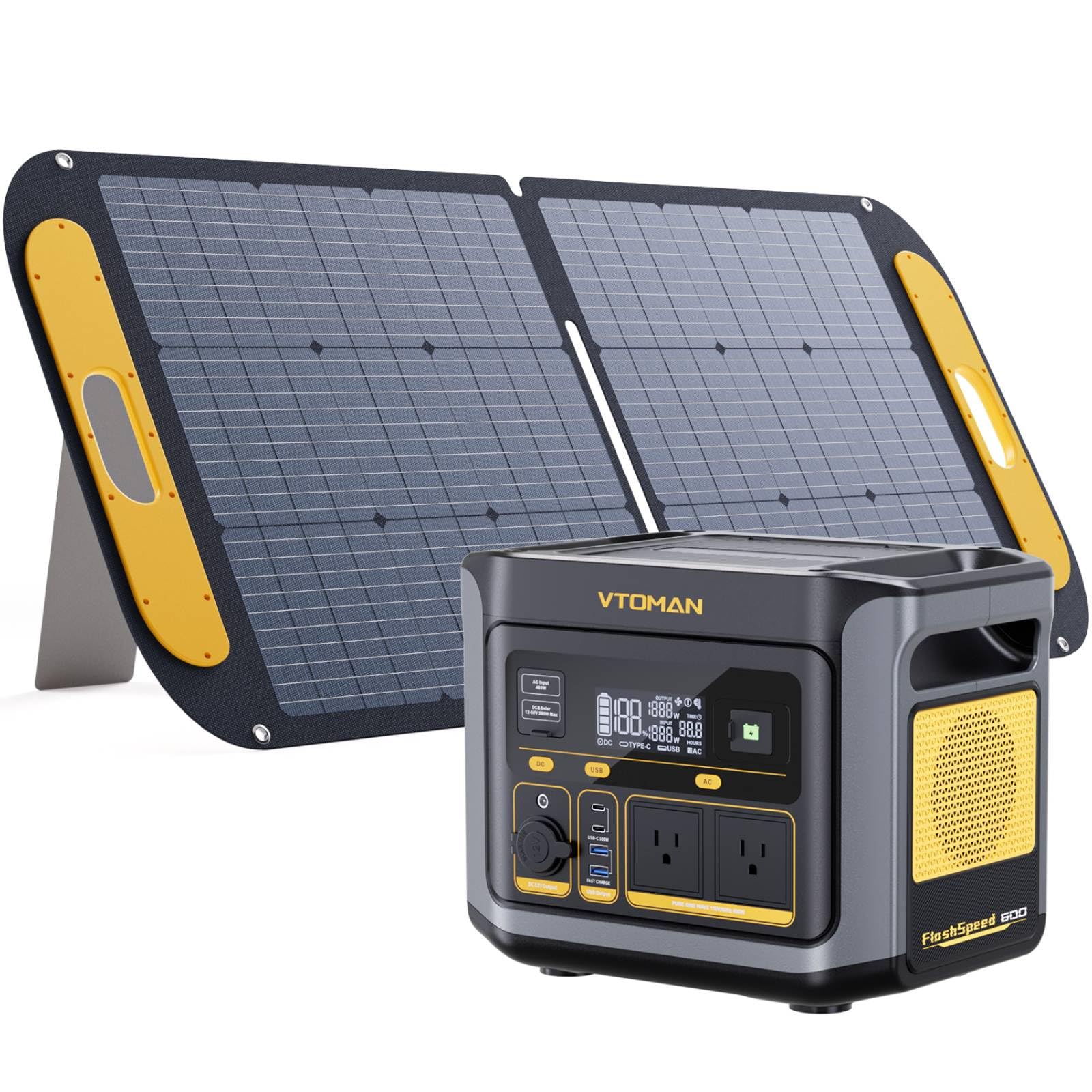 VTOMAN FlashSpeed 600 Portable Power Station with 110W Solar Panel - 499Wh/600W(1200W Peak) Solar Generator with LiFePO4 Battery