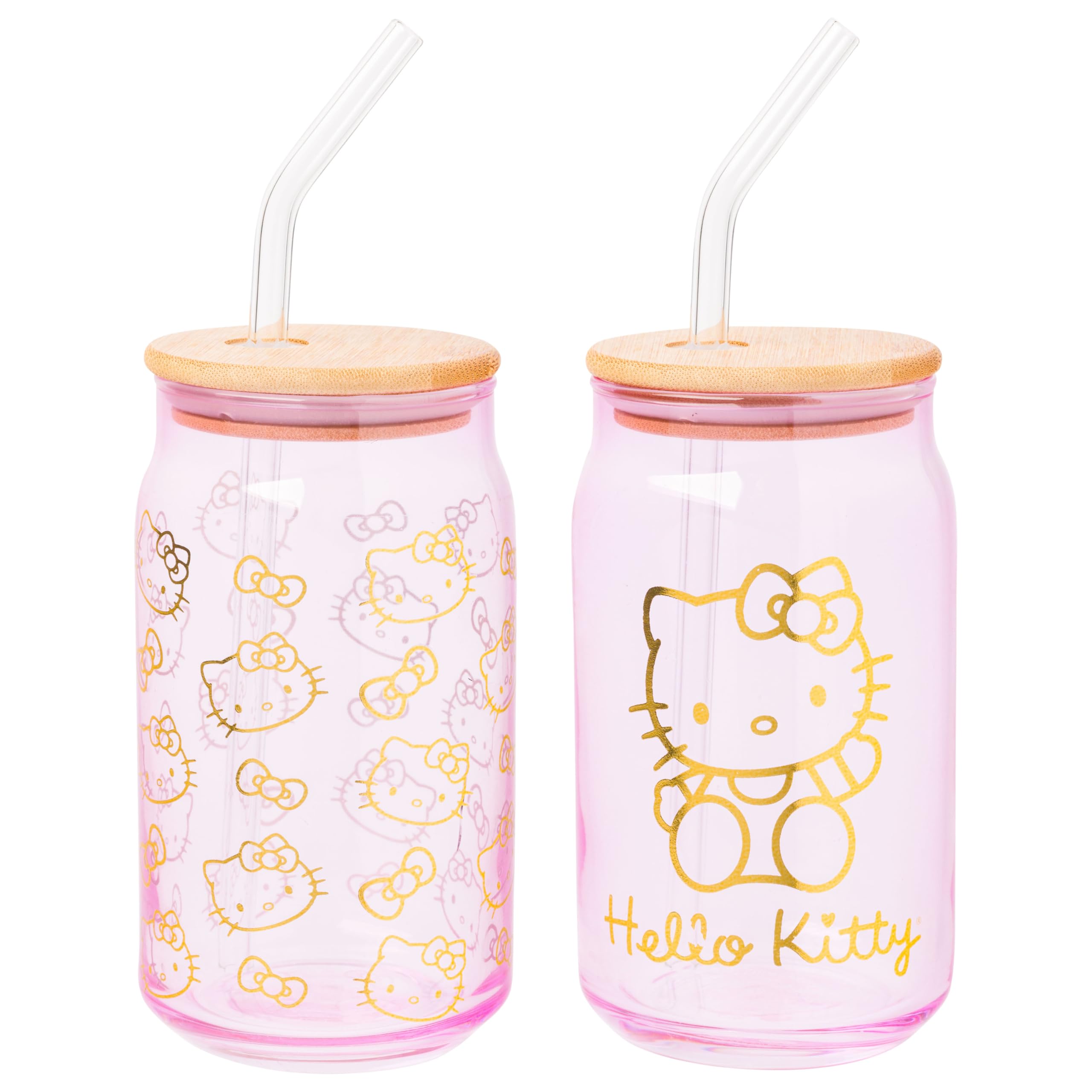Silver Buffalo Sanrio Hello Kitty Gold 2 Pack Glass Jar Tumbler with Straw - Thumbnail 2