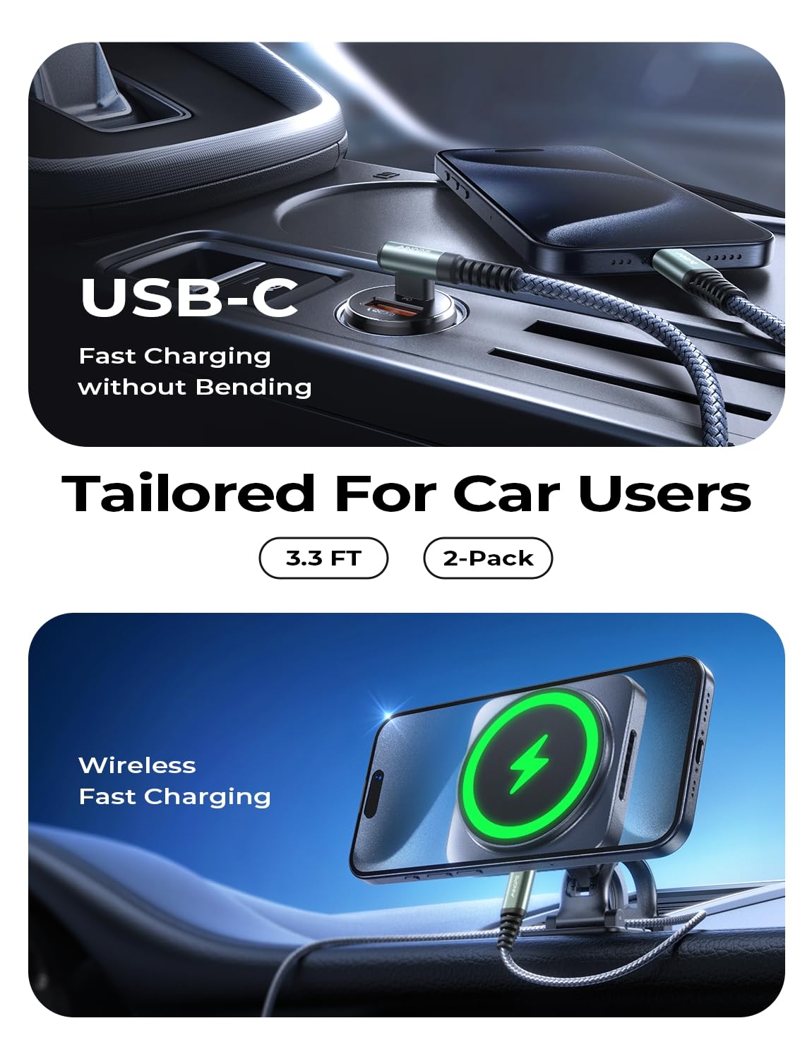 Ainope Right Angle Usb C To Usb C Cable 3.3Ft 60W 2 Pack Usbc To Usbc For Iphone 15 Pro Max Car Charger Cord Fast Charging Compa