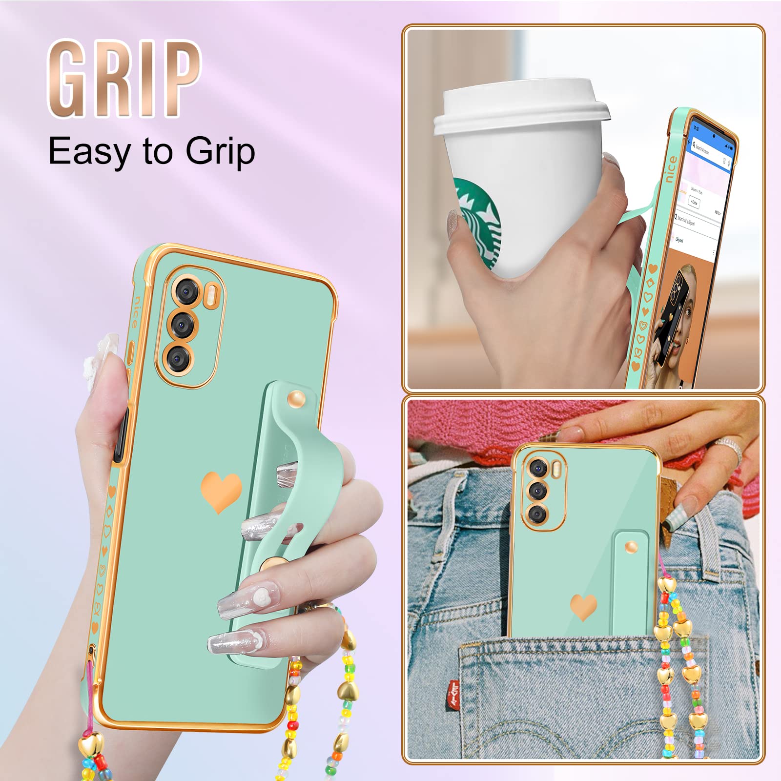 Likiyami (3In1 For Moto G 5G 2022 Case Heart For Women Girls Girly Cute Pretty With Stand Phone Cases Mint Green Gold Plating Lo