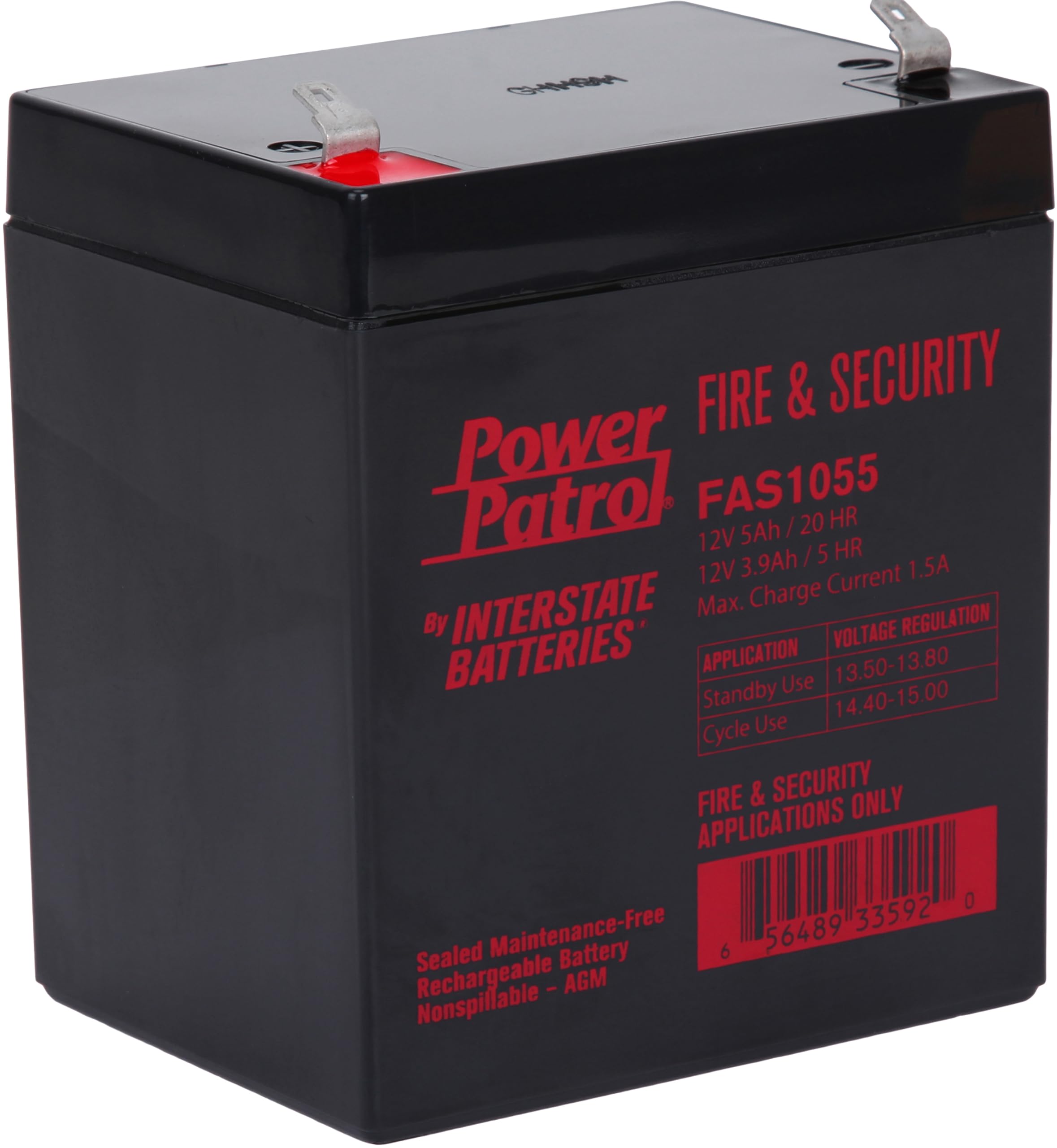 Interstate Batteries 12V 5Ah Fire & Security Battery   F1 Terminal, Sla Agm Vrla Power Patrol, Rechargeable Replacement For Fire