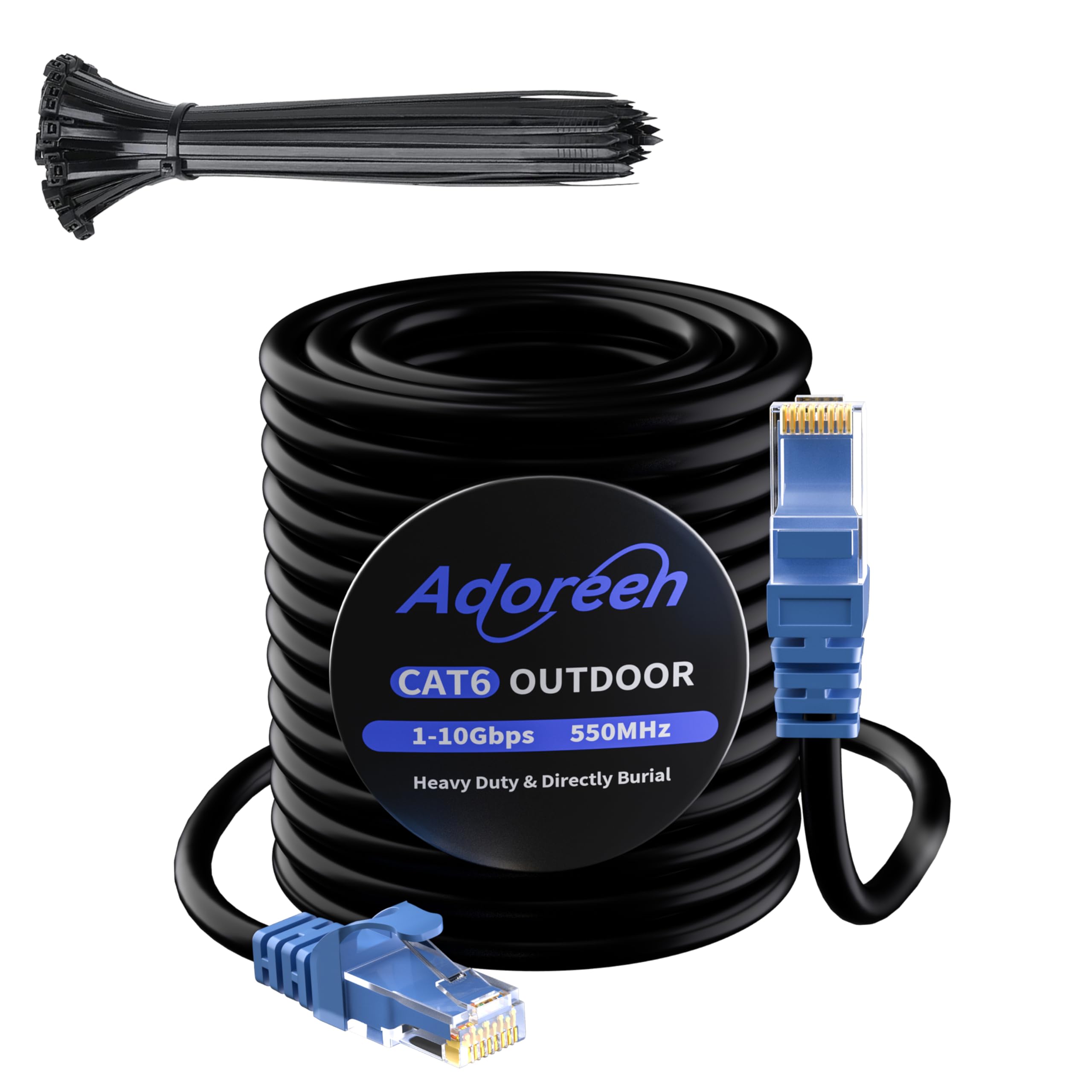 Adoreen Cat 6 Outdoor Ethernet Cable 250 Ft Black, High Speed Heavy Duty Long Internet Network Cable For Poe Camera Cat 5 5E Rj45 Lan Patch Cable Cord, Sturdy Waterproof Direct Burial+25 Ties