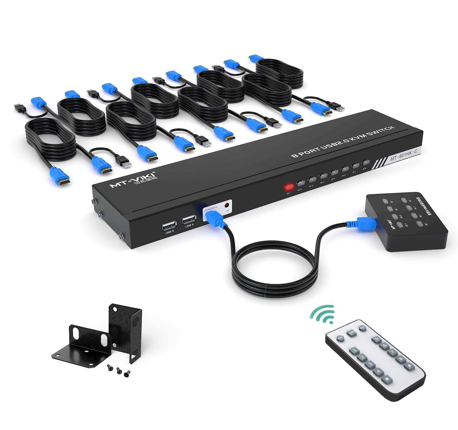MT-VIKI 8 Port KVM Switch HDMI, 4K@30Hz 1U Rack Mount KVM HDMI Switch w/IR Remote & Wire-Desktop Controller & 8 HDMI KVM Cables 