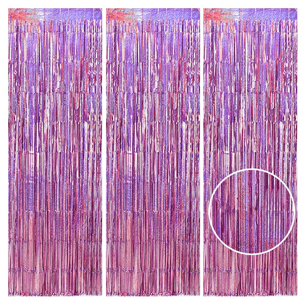 Toniful 3Pcs Laser Light Pink Door Streamers,Laser Pink Photo Booth Backdrop Metallic Streamers Pink Foil Fringe Curtains For Bi