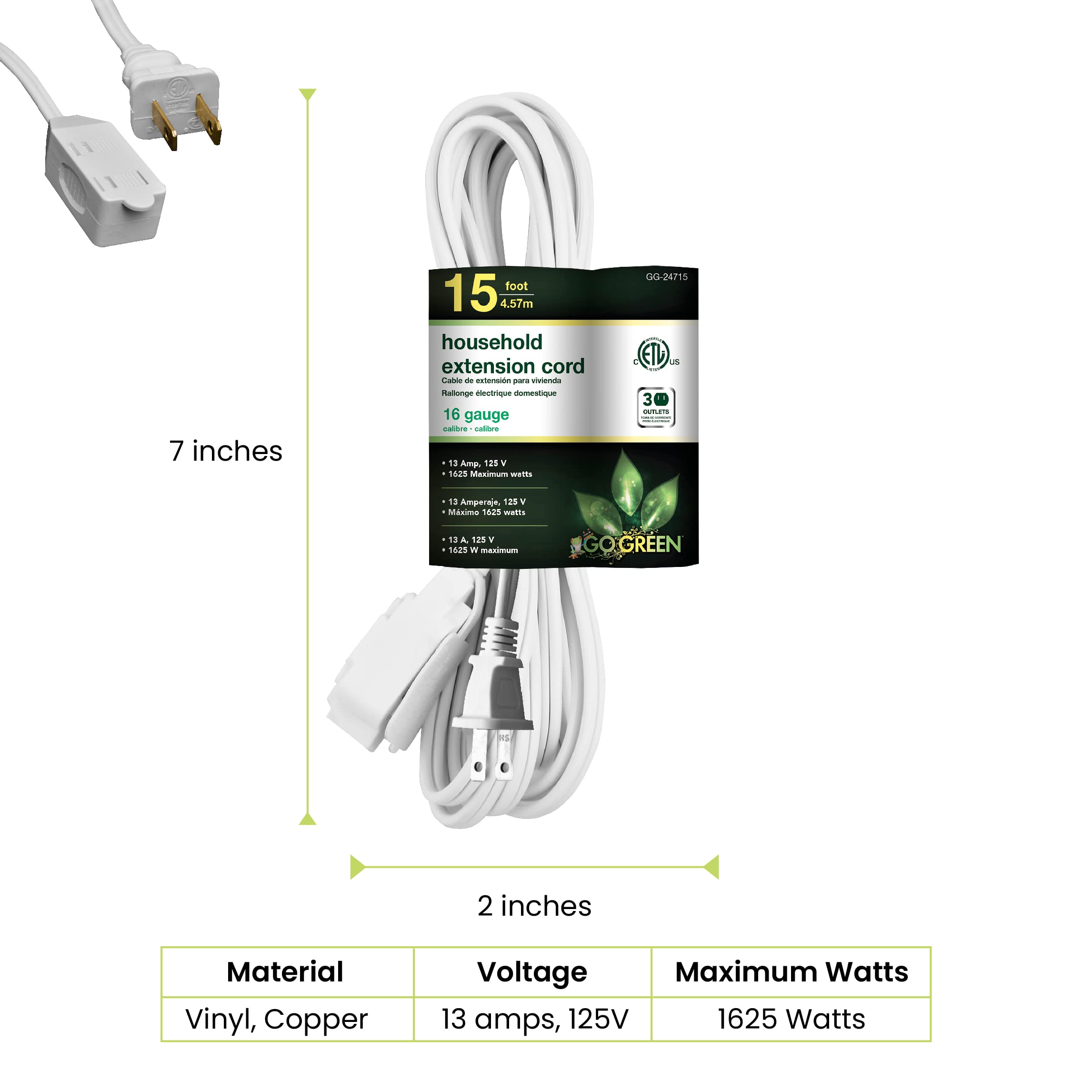 Gogreen Power (Gg 24715) 16/2 15' Household Extension Cord, 3 Outlets, White, 15 Ft