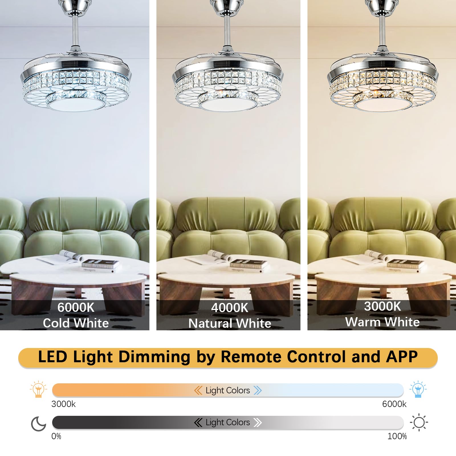 Samphon 42'' Retractable Ceiling Fans With Lights, Crystal Chandelier Ceiling Fan With Remote & App Control, Modern Dimmable Led