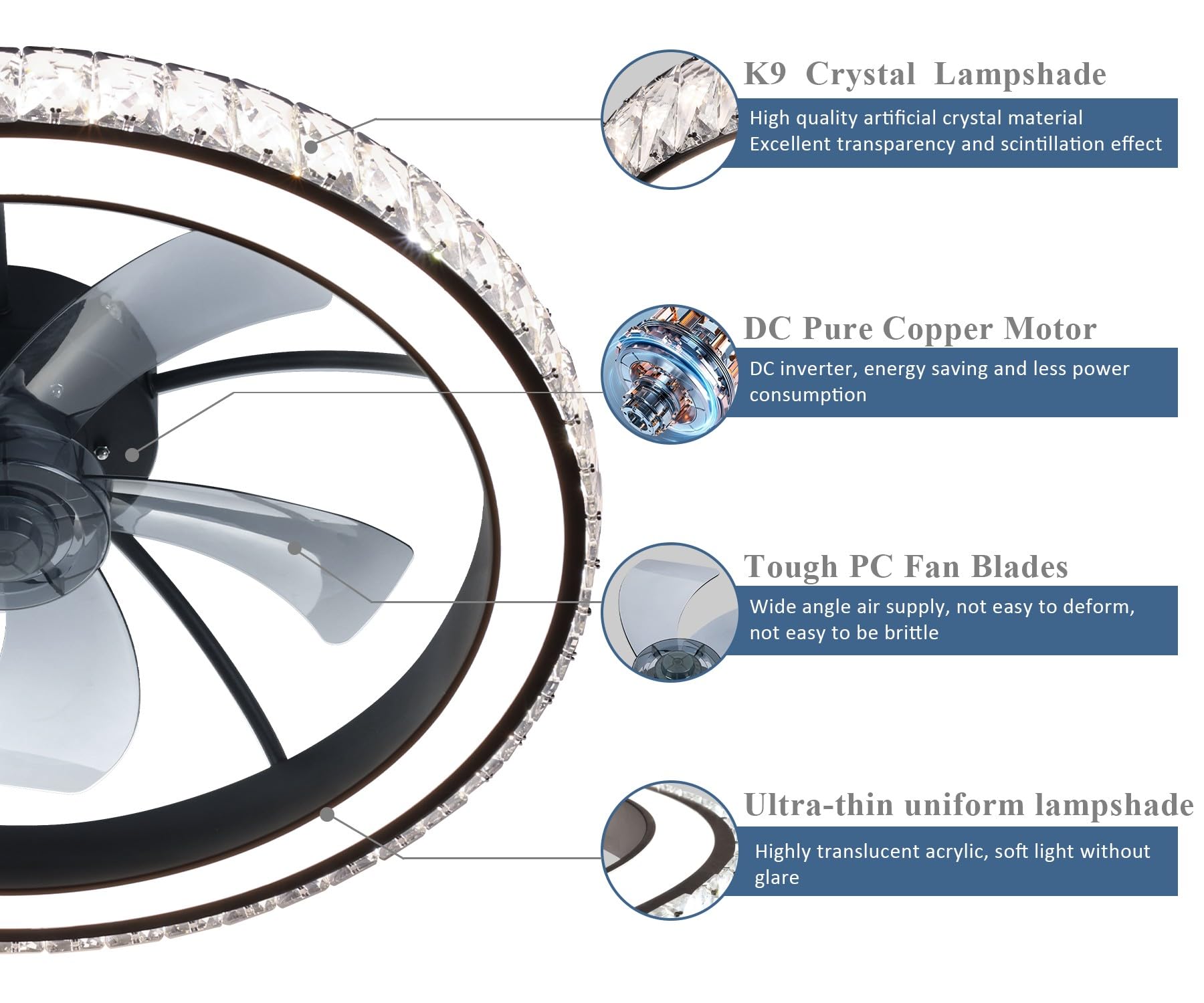 Aipsun Low Profile Modern Crystal Chandelier Ceiling Fans With Lights And Remote, 3000K-6500K Smart Bladeless Led Fan Light, 26