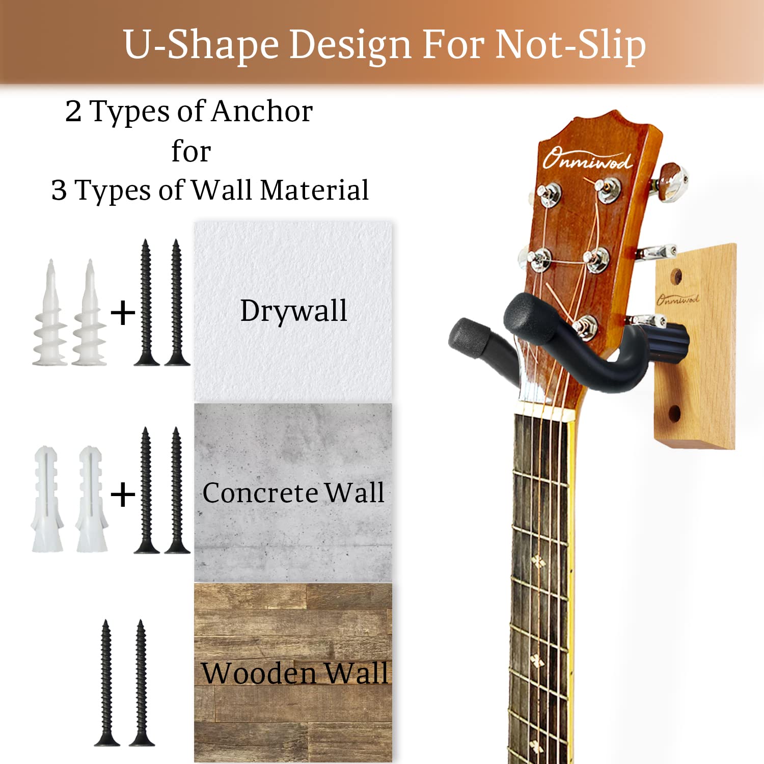 Onmiwod Guitar Wall Mount 2 Pack, Ash Hardwood Guitar Hanger, U-Shaped Guitar Wall Hanger Mount, Guitar Holder Hook Stand Wall F