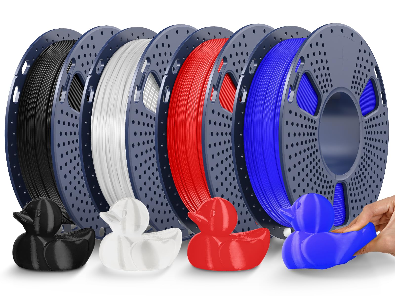 JAYO TPU 3D Printer Filament Bundle, 95A Flexible Soft TPU Filament 1.75mm, 250g Spool, 4 Rolls, 1kg in Total, Black+Clear+ Red+