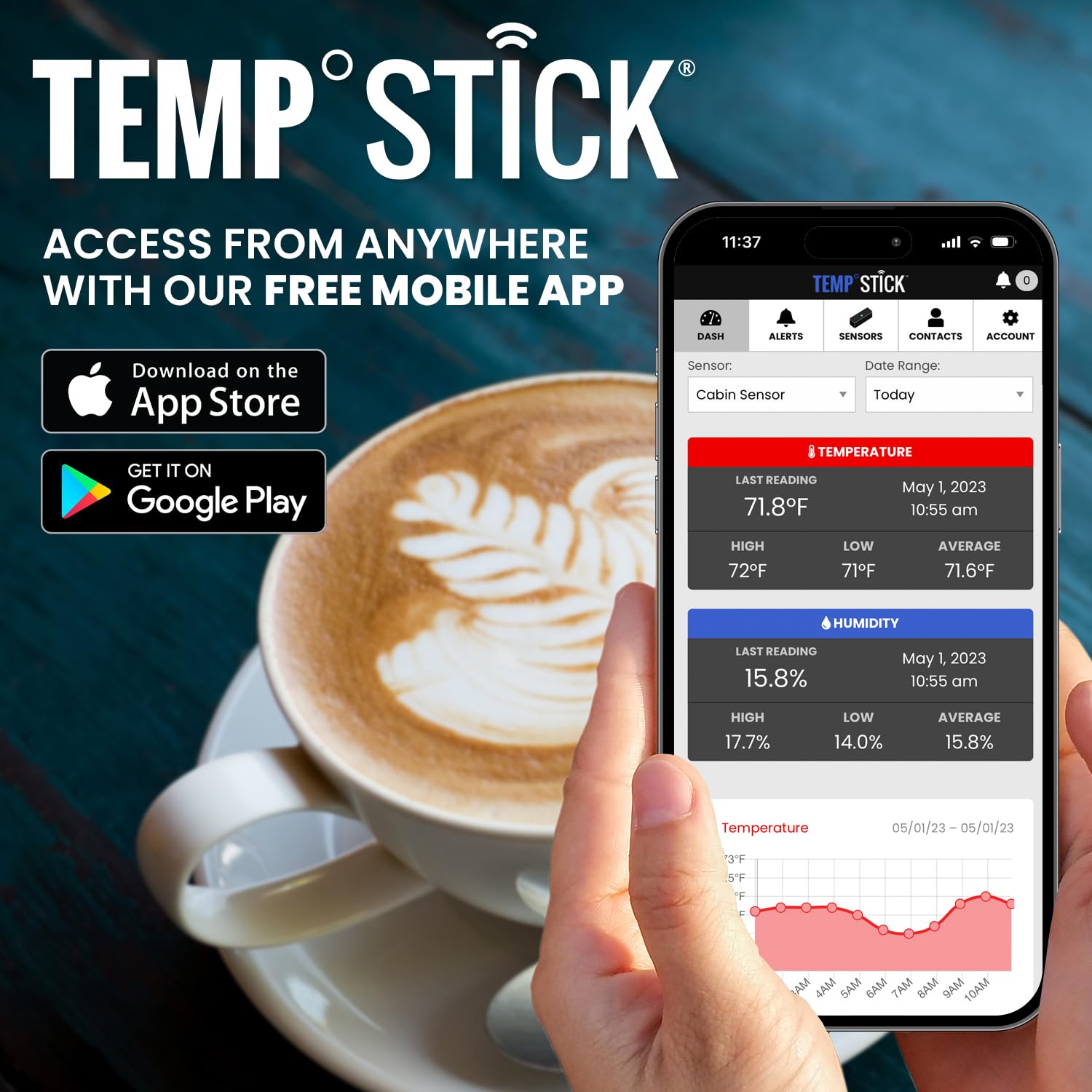 Temp Stick Remote Wifi Temperature & Humidity Sensor. No Subscription. 24/7 Monitor, Unlimited Text, App & Email Alerts. Free Ap