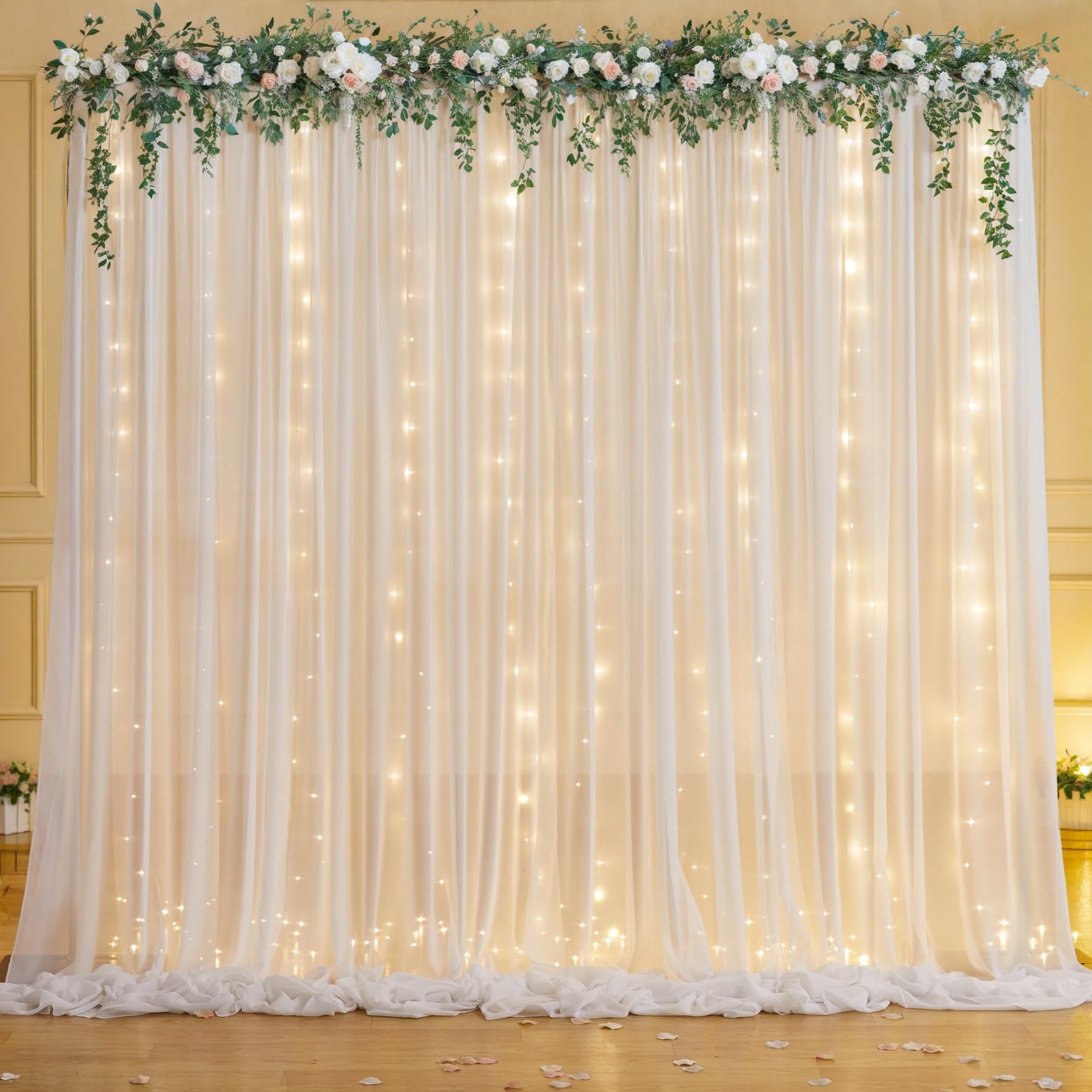10Ft X 7Ft White Chiffon Backdrop Curtain With Lights String For Parites Wedding Wrinkle Free Curtain Photo Backdrops Drapes For