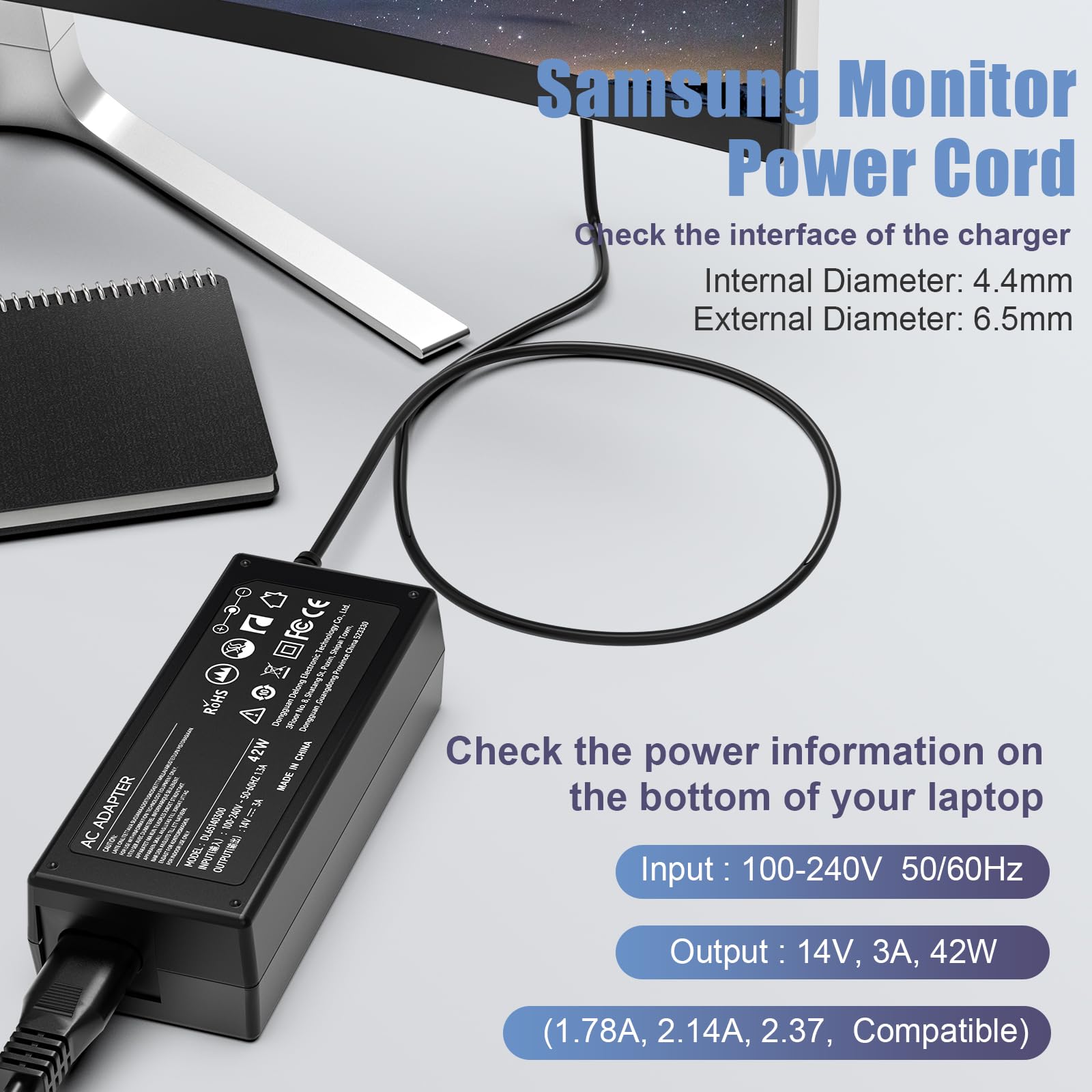Dc 14V Power Cord For Samsung Monitor 32' 27' 24' 22' 23' 20' 19' 18' 17' 15', Samsung Monitor S22C300H, S22E310H, S22C300H, S24C230Bl, S24D390Hl, S27D590P, S27D360H, S27D390H, S27C570H Power Supply