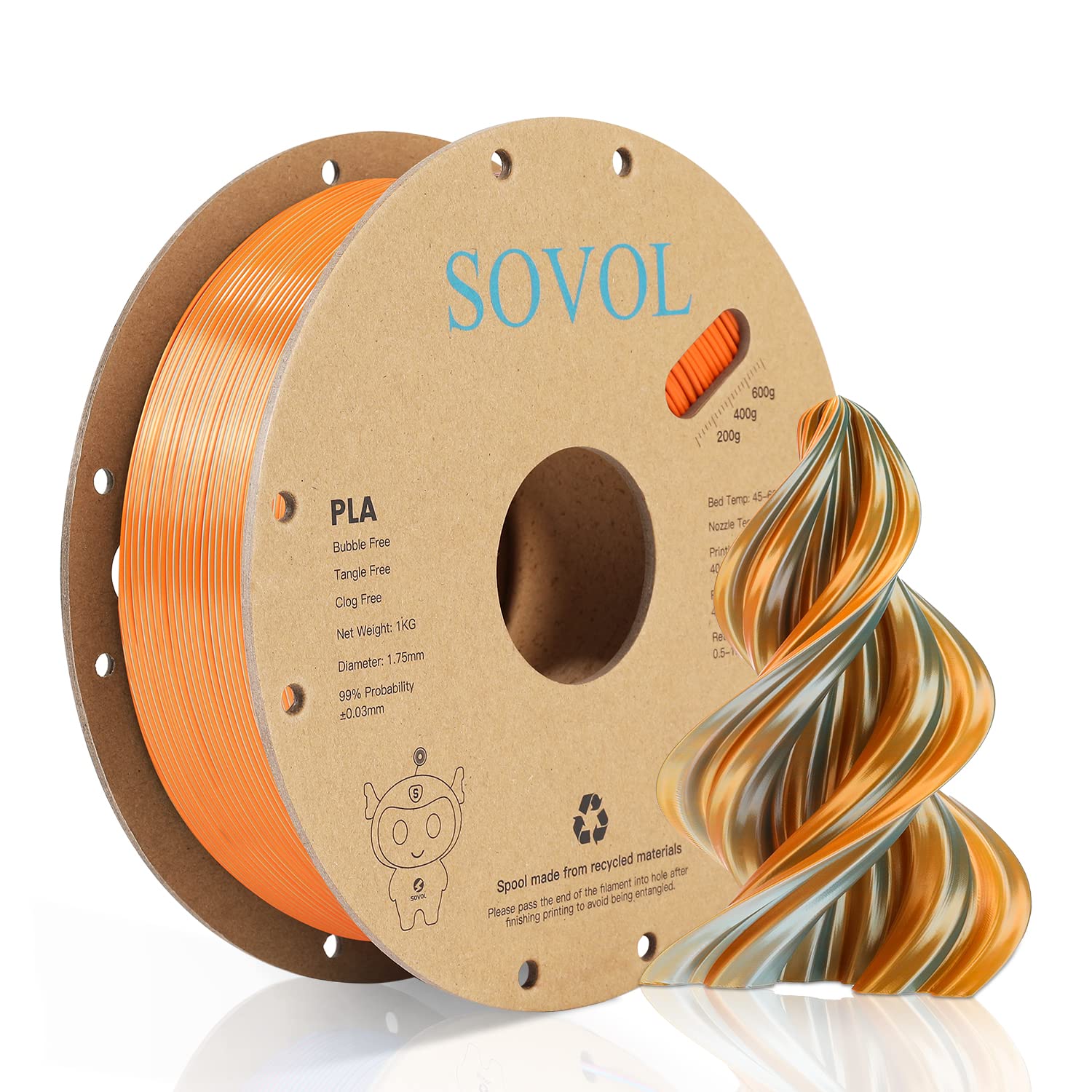 Sovol Dual Color Pla Filament 1.75Mm, Silk Pla 3D Printing Material, Dual Color Filament Orange + Light Blue 2 In 1 Coextrusion