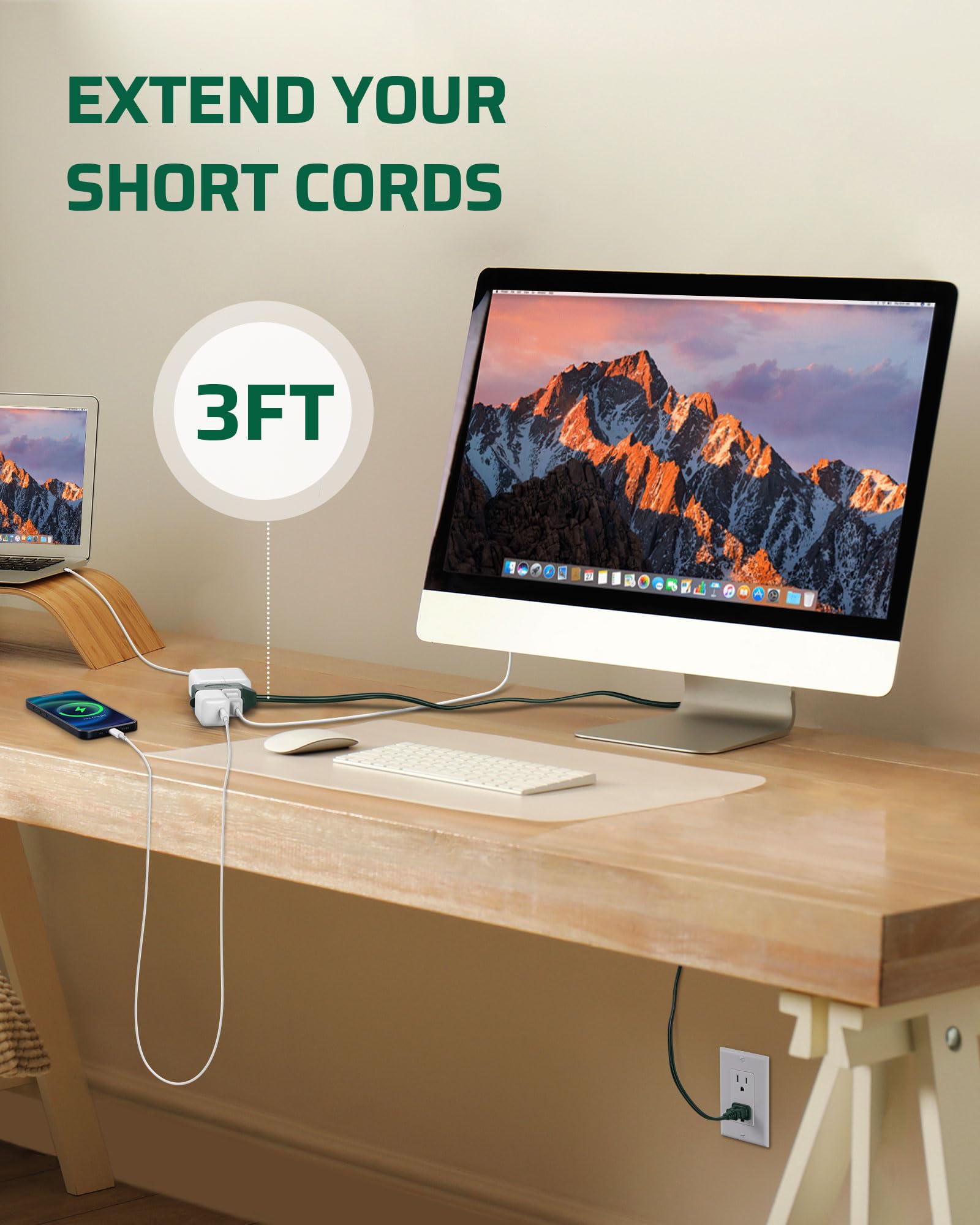 Dewenwils 3 Pack Extension Cord 3 Ft, 16 Awg Extension Cord With Multiple Outlets, 2 Prong Extension Cord For Home Office Garage