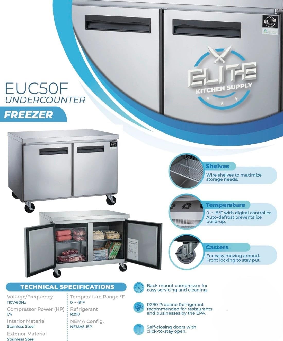 Commercial Undercounter Freezer, Etl 2-Door Upright, 48.125 W 12.2 Cu. Ft. Auto-Defrost, Stainless Steel Restaurant Cd-48Ucf-2