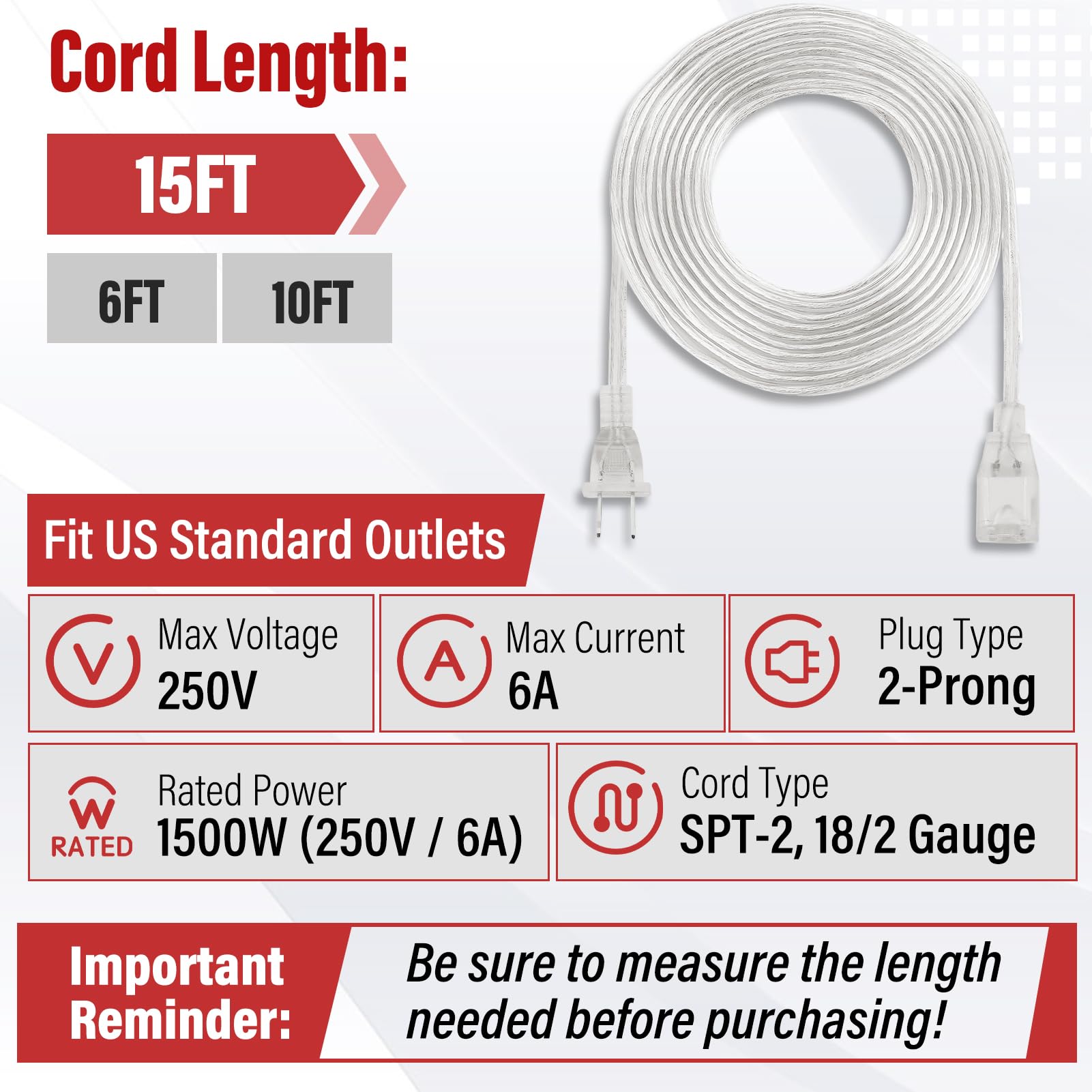 Clear Extension Cord   15 Ft Male To Female Invisible Indoor 2 Prong Power Cable, Thin For Christmas Tree Lighting, Ul Certified