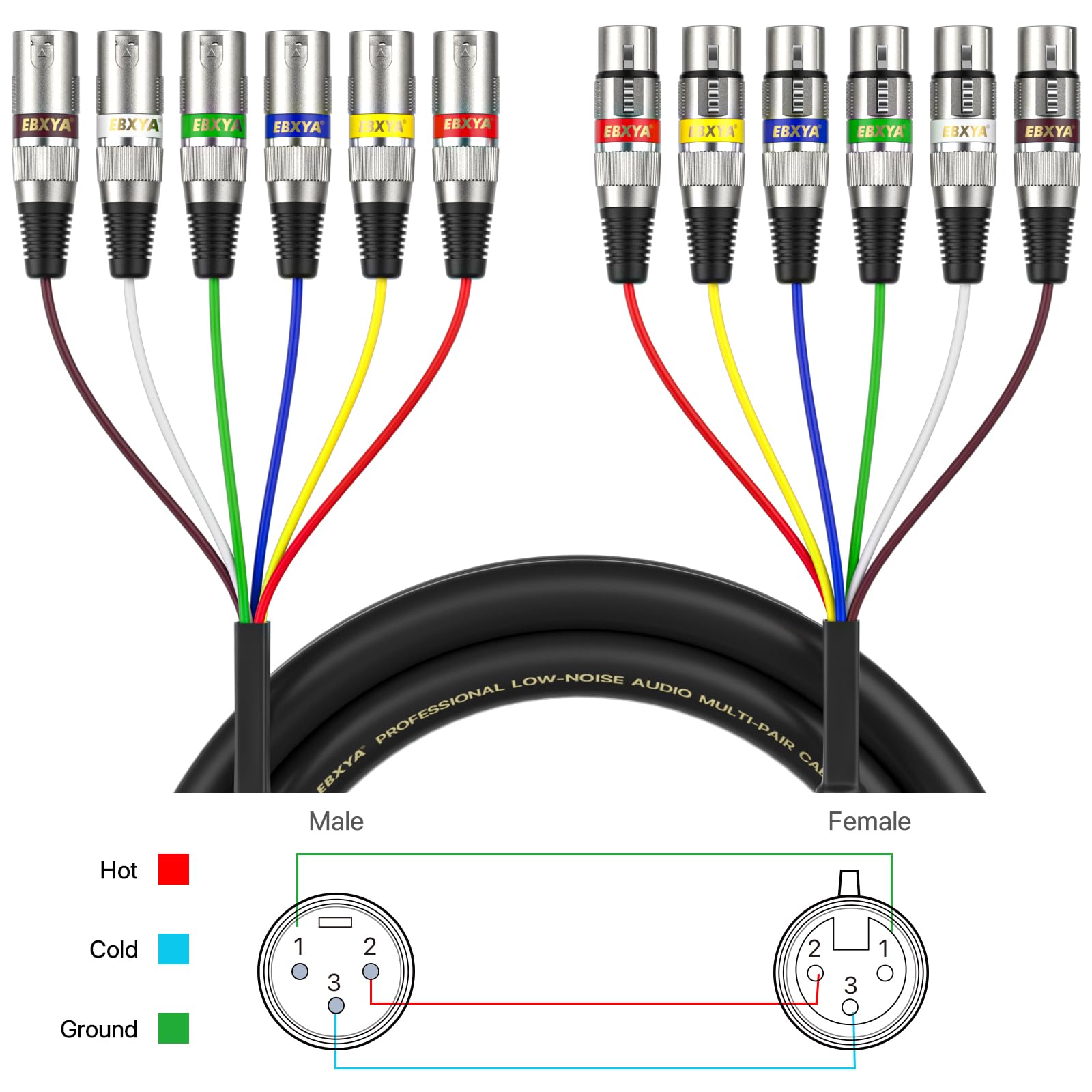 Ebxya 6 Channel Colored Xlr Snake Cables 3 Feet   Shielded Audio Frequency Control Cable Snake, 2 Packs