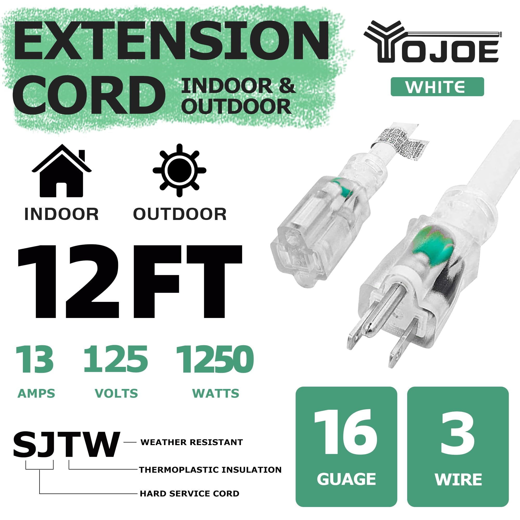 Yojoe Indoor Outdoor Extension Cord With Lighted End, 3 Prong 13A Weatherproof Power Extension Cord, 16 Gauge Heavy Duty 12 Ft W