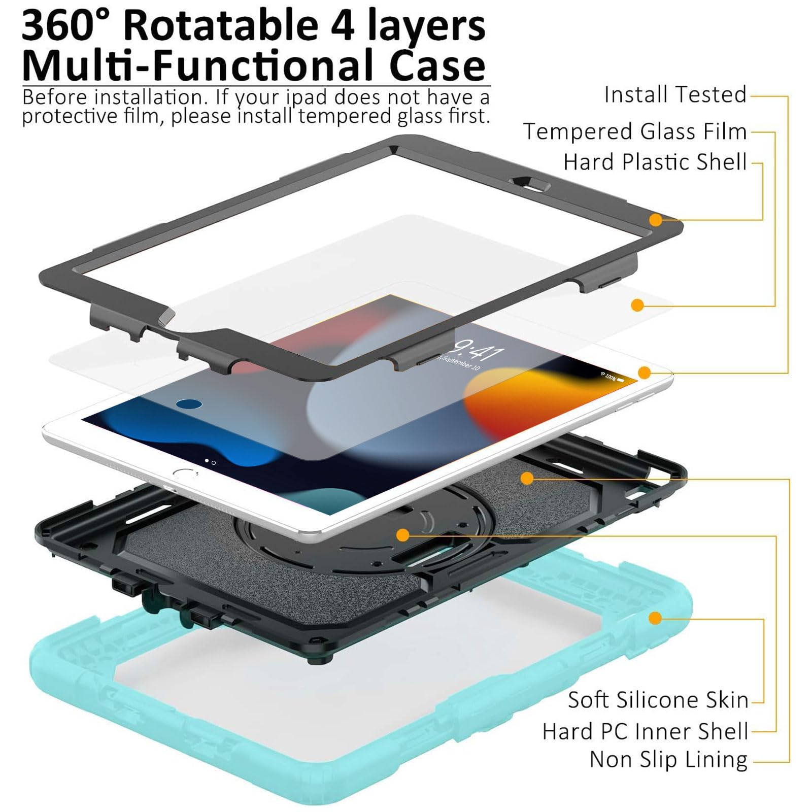 Ipad 9Th/8Th/7Th Generation Case, Ipad 10.2 Case 2021/2020/2019, [Kid Proof] Ambison Drop Proof Case With 9H Screen Protector, Rotatable Kickstand & Hand Strap, Shoulder Strap (Sky Blue & Black)