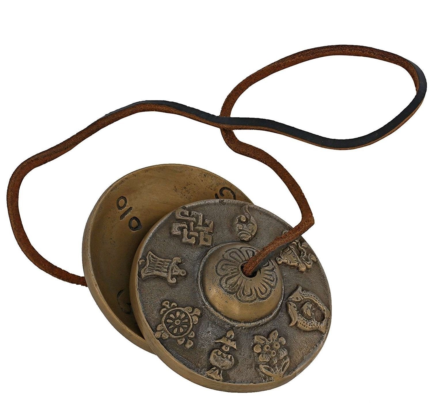 Artvarko Brass Tibetan Hand Manjira With Leather Chords Antique Finish 3inch