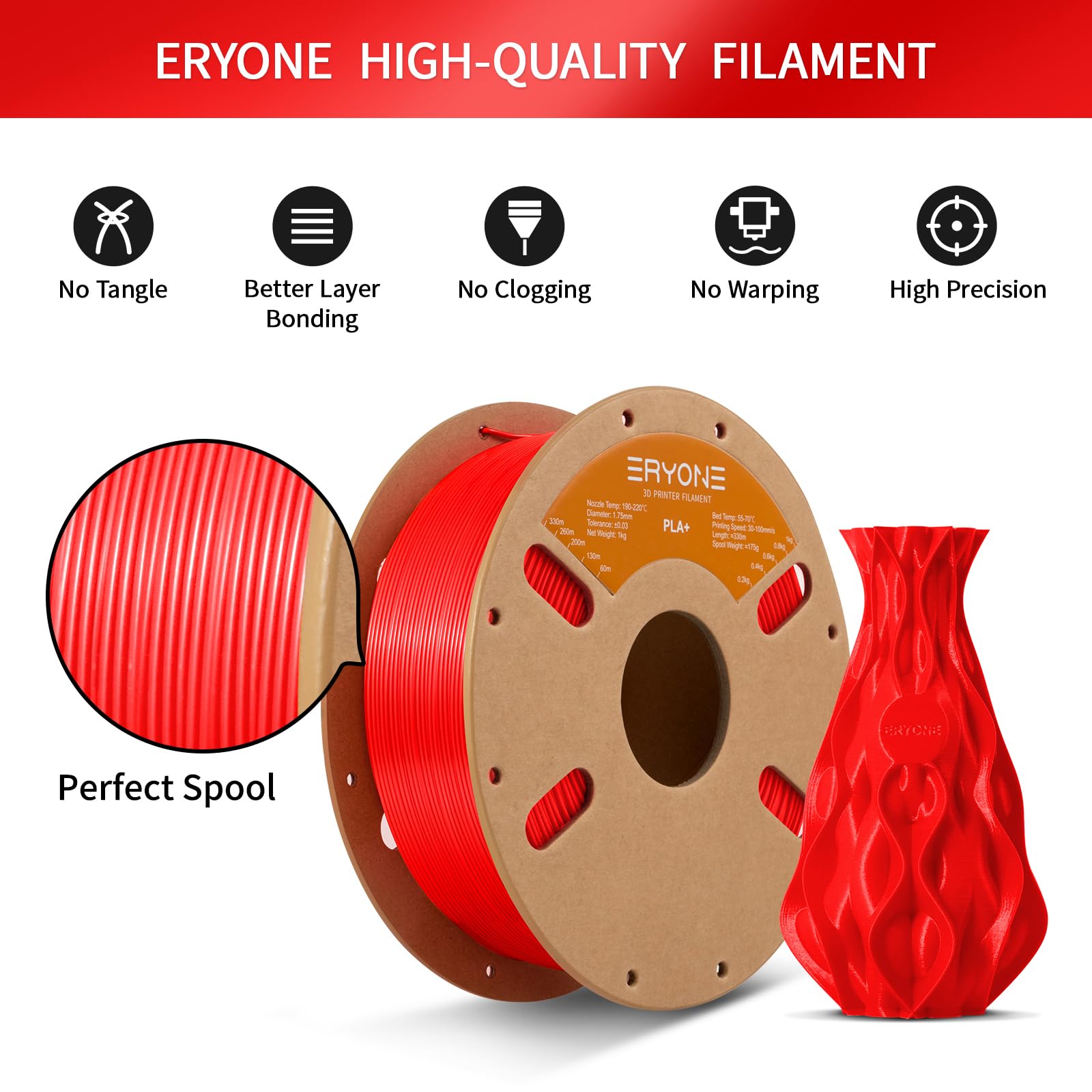 Eryone Pla Plus Filament 1.75Mm Pla+ 3D Printer Filament +/ 0.03Mm, 1Kg (2.2Lbs)/ Spool, Red