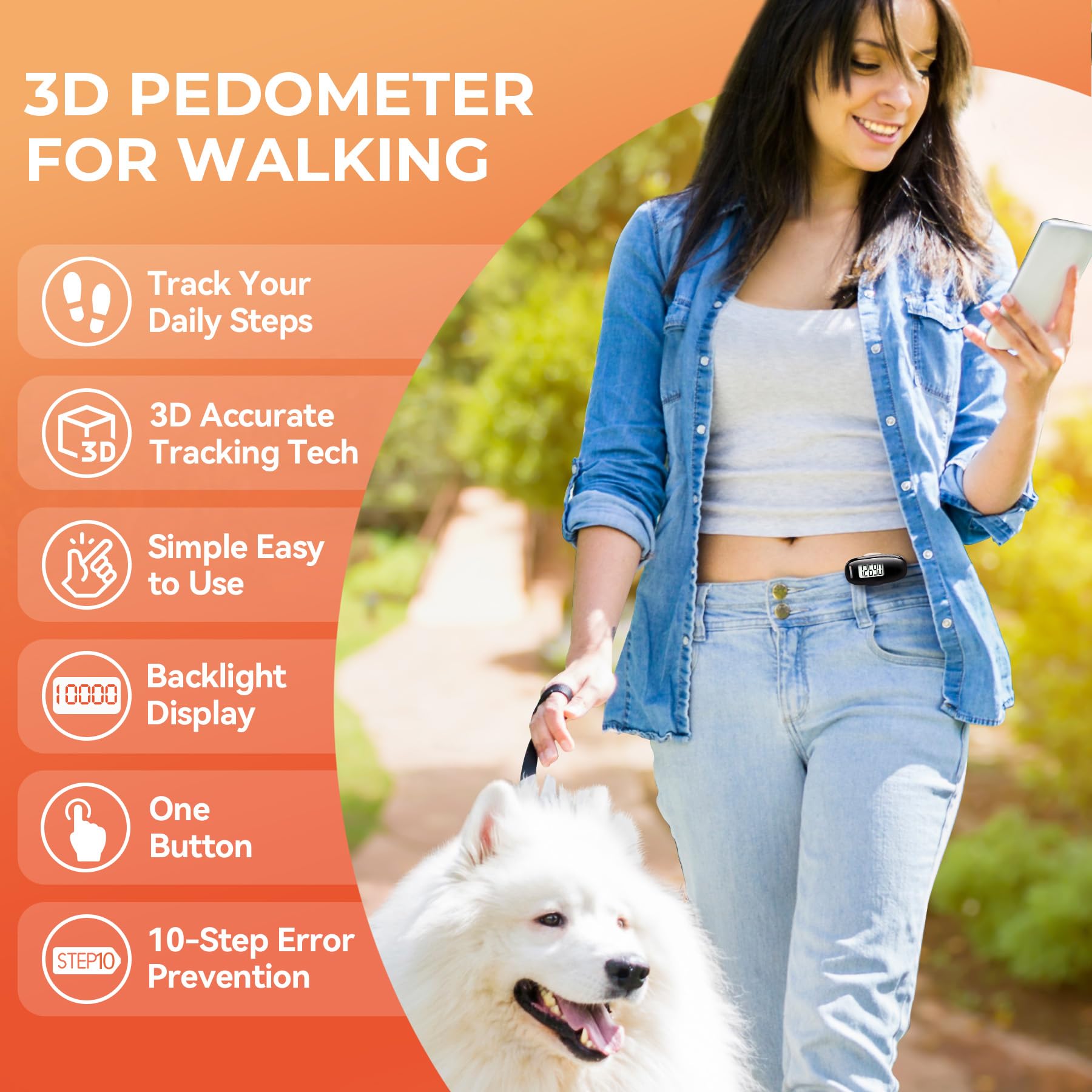 3D Pedometer For Walking, Simple Walking Step Counter With Removable Clip And Strap, Usb Rechargeable Step Tracker With Backligh