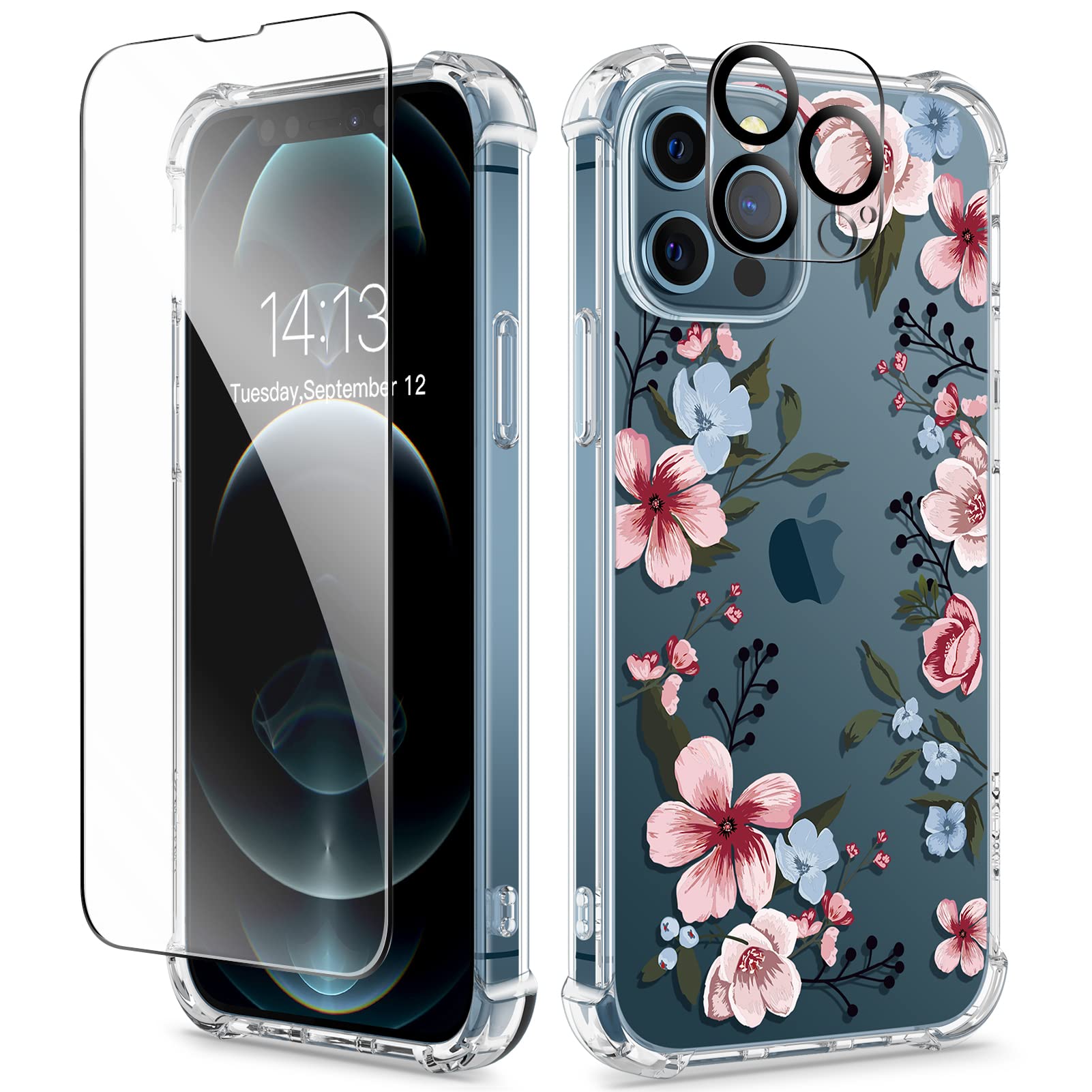 Gviewin For Iphone 12 Case And Iphone 12 Pro Case With Screen Protector + Camera Lens Protector, Clear Floral Flexible Tpu Shock