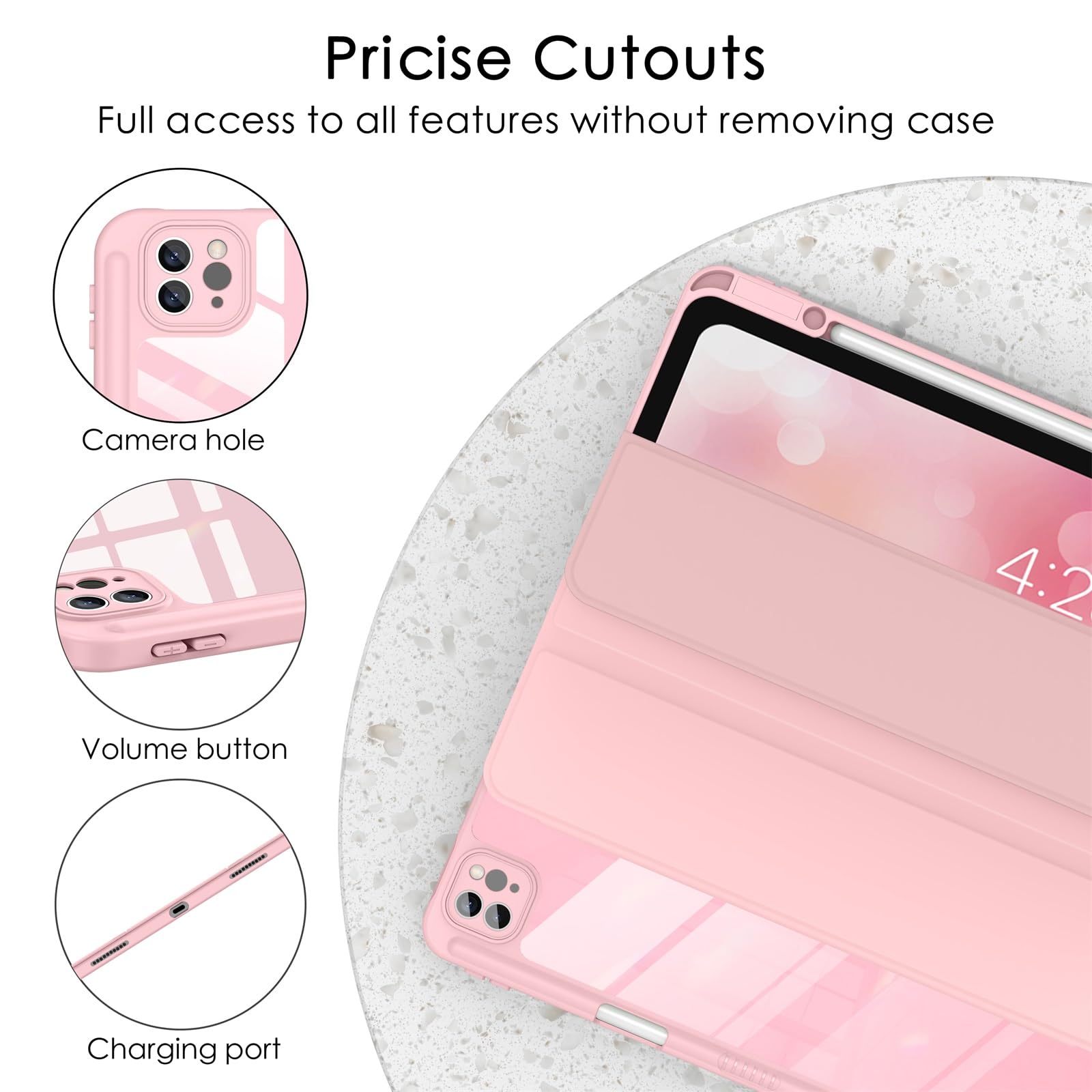 Soke Case For Ipad Air 13 M2 2024/Pro 12.9 (6Th/5Th/4Th Generation, 2022/2021/2020)   Pencil Holder+Auto Sleep/Wake+Camera Protection, Shockproof Back Cover For Ipad Pro 12.9 Inch, Light Pink