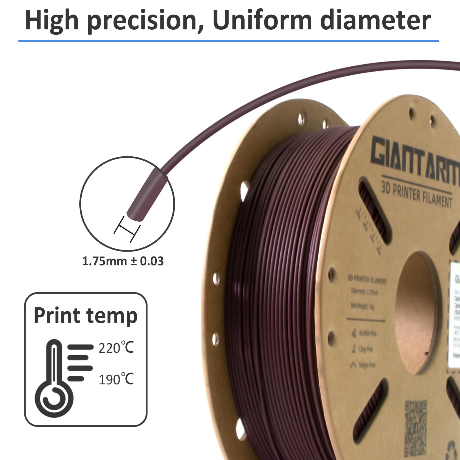 Giantarm Carbon Fiber Filament 1.75Mm 3D Printer Filament, Brick Red Carbon Fiber Pla Filament, 1Kg(2.2Lbs) Spool, 1.75Mm Dimens