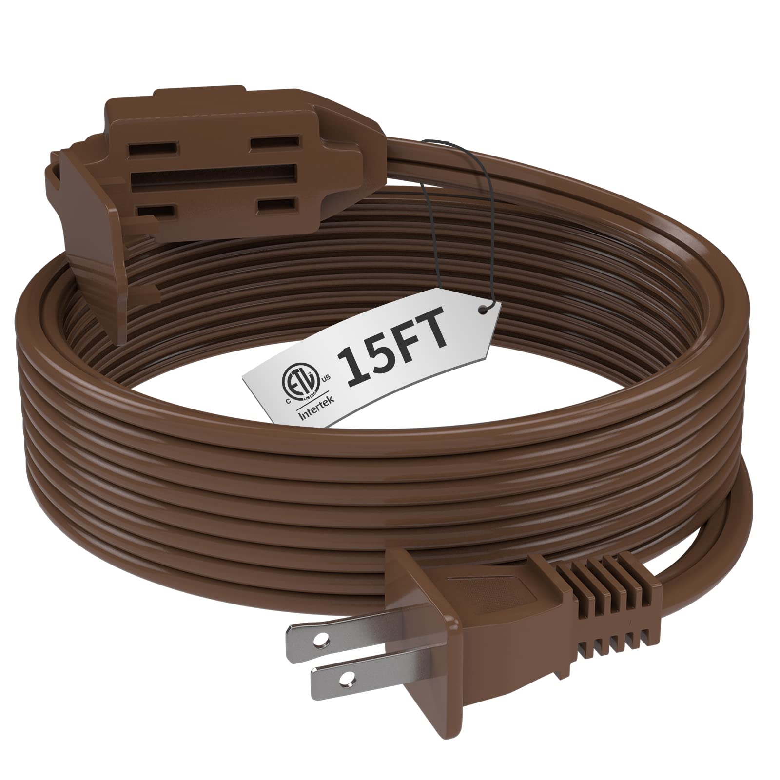 Plugtul Indoor Brown Extension Cord 15 Feet, 3 Outlet Household Extension Cord, 2 Prong, 16 Gauge, 3 Polarized Outlets With Safe