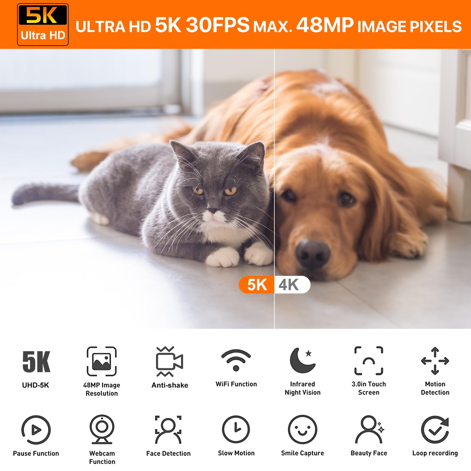 5K Video Camera Camcorder Uhd 48Mp Wifi Vlogging Camera For Youtube Ir Night Vision Anti Shake 16X Digital Zoom 3    Touch Scree