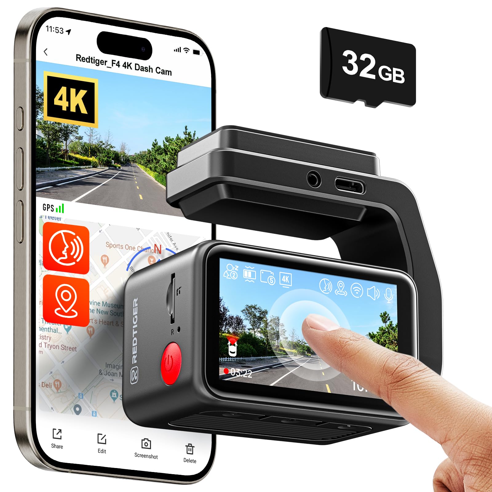 Redtiger F4 4K Dash Cam Front, 2.2 Inch Mini Car Camera, 2160P Uhd Touch Screen, Voice Control, Included 32Gb Card, Night Vision
