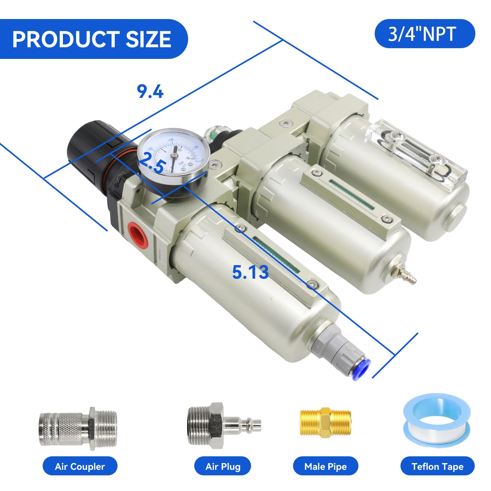 3/4'' Npt Industrial Grade 3 Stage Air Drying System, Air Compressor Water Separator System Filter Oil Water Separator Dryer For