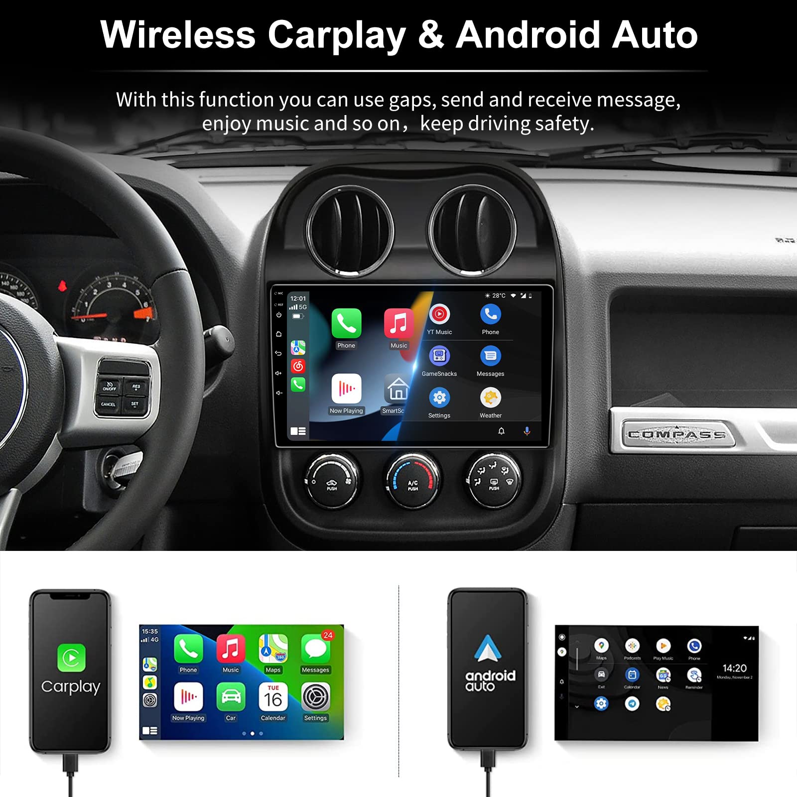 [4G+32G] Android 13 5Gwifi Car Radio Stereo For Jeep Compass Patriot 2010 2016 With Wireless Carplay Android Auto, 10.1 Inch Tou