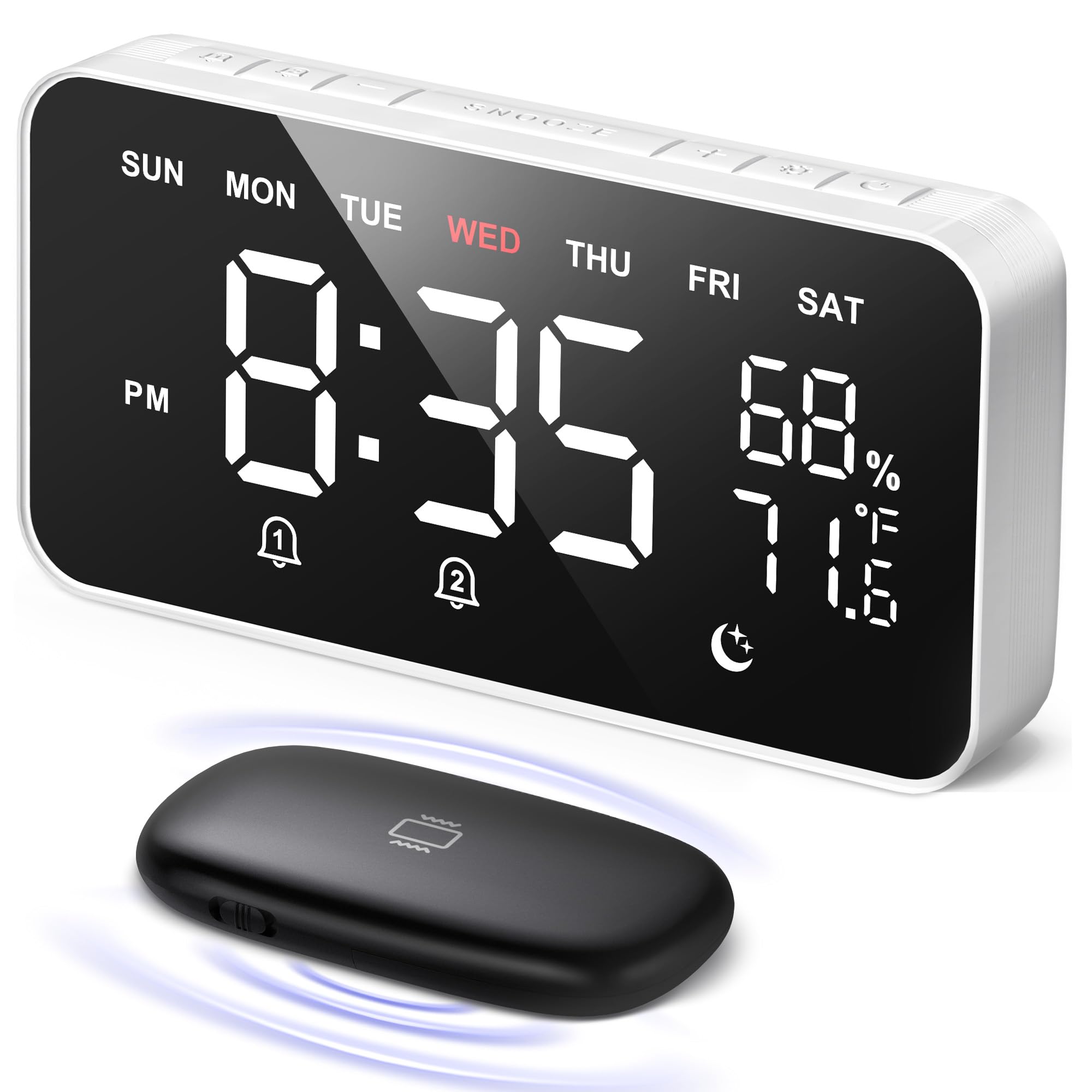 Dekala Loud Alarm Clock for Heavy Sleepers Adults, Wireless Bed Shaker Vibrating Dual Alarm Clocks for Bedrooms, Dimmable Large 